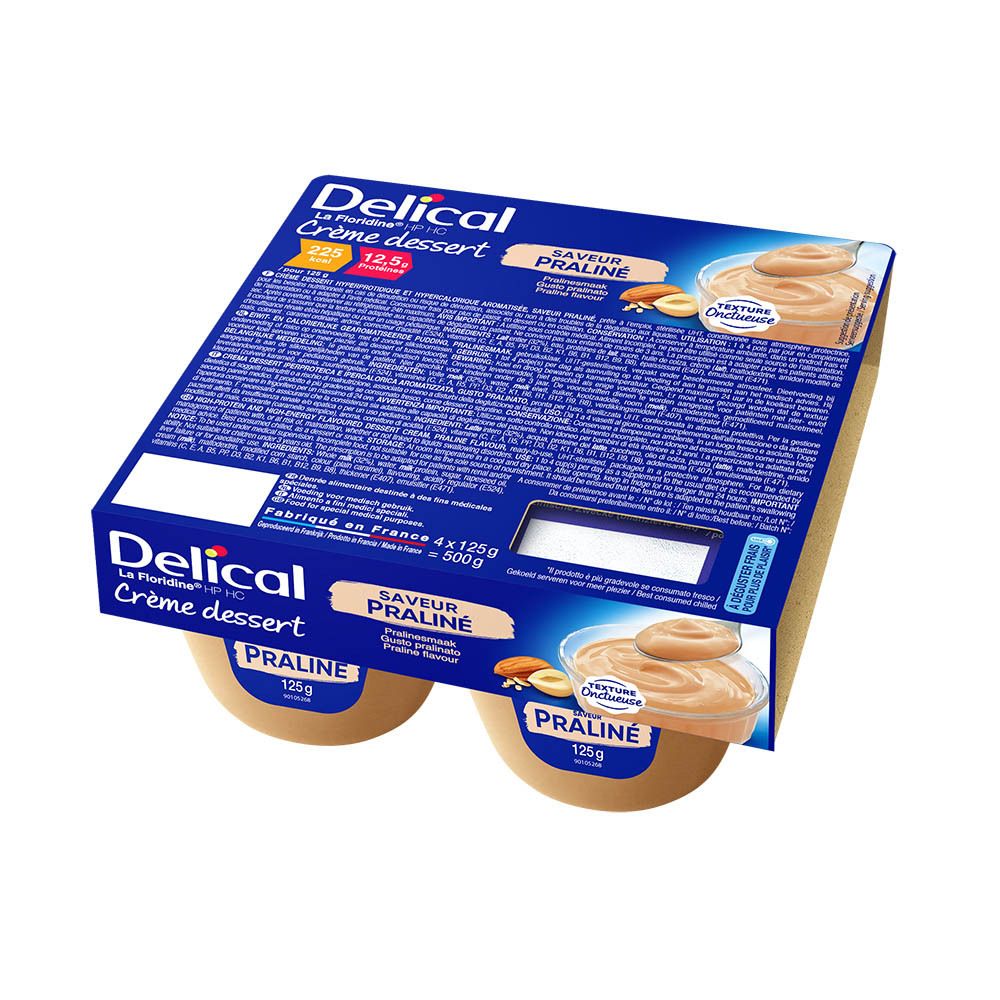 Pack de 4 crèmes dessert Delical Praliné. Emballage bleu, nom et saveur Praliné. 125g par pot.