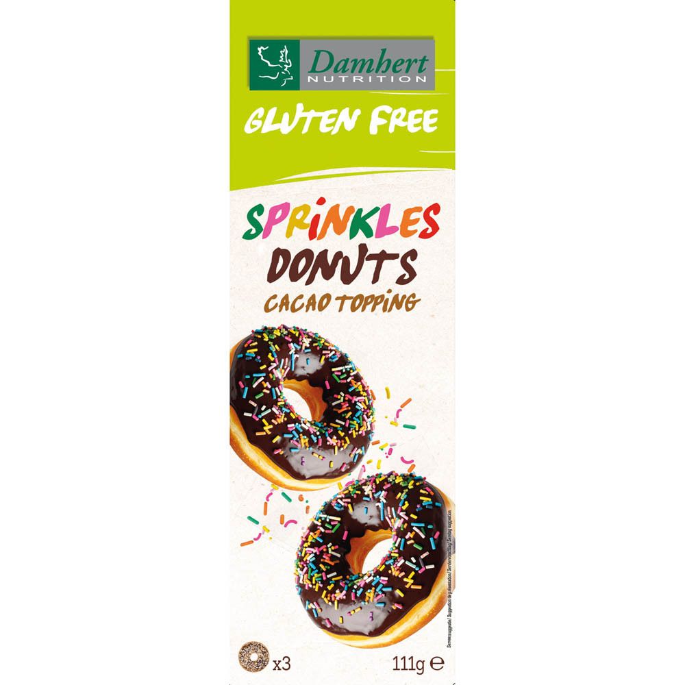 Boîte de donuts. Inscription : Sprinkles Donuts, sans gluten. Deux donuts avec des vermicelles sont représentés.