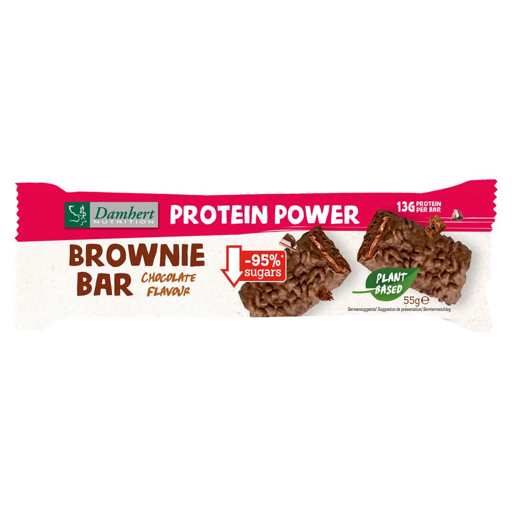 Barre protéinée emballée. Inscription: Brownie Bar, Chocolate Flavour, -95% de sucres, Plant Based. Marque: Damhert Nutrition.