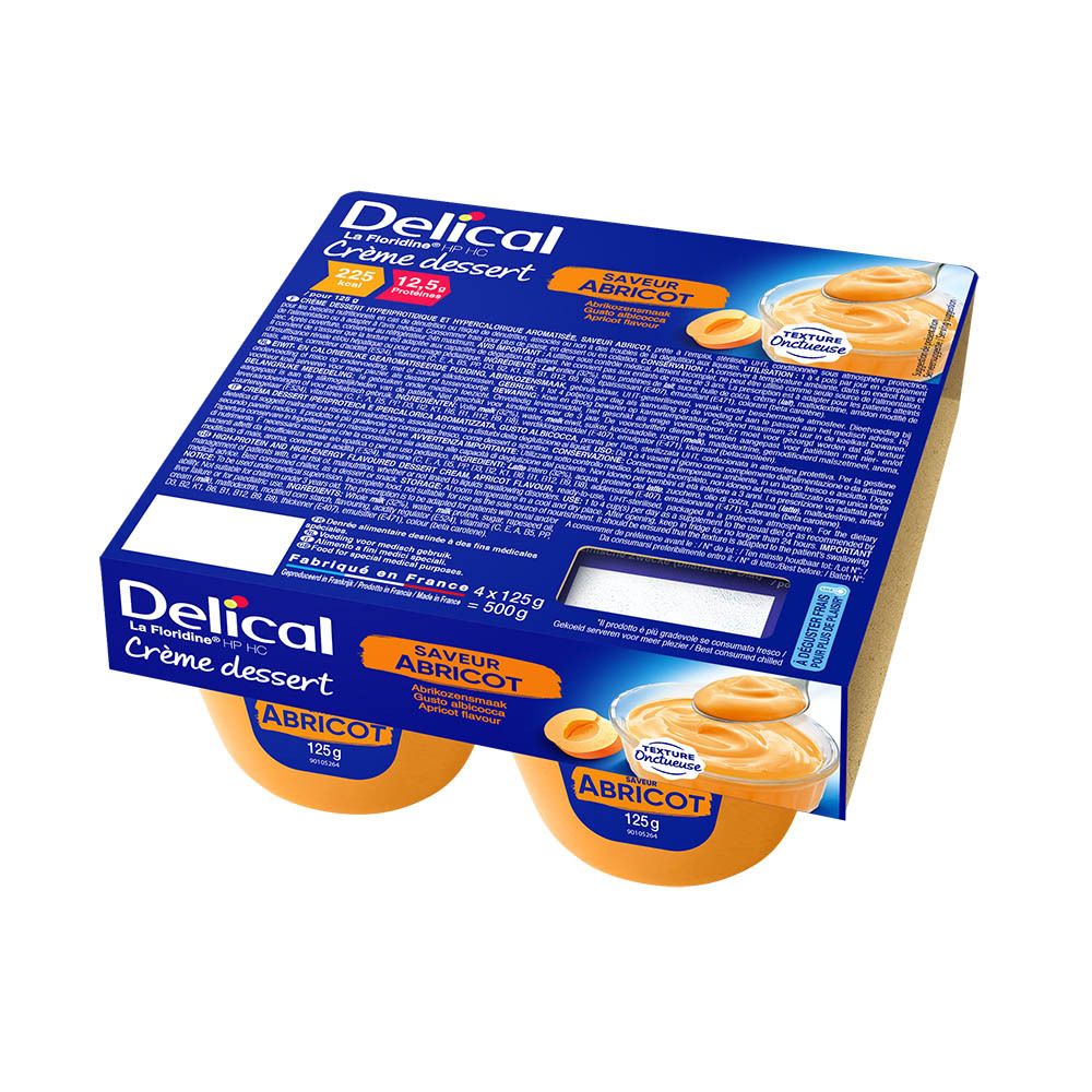 Pack Delical Crème dessert abricot, 4 pots. Emballage bleu avec nom du produit et saveur.