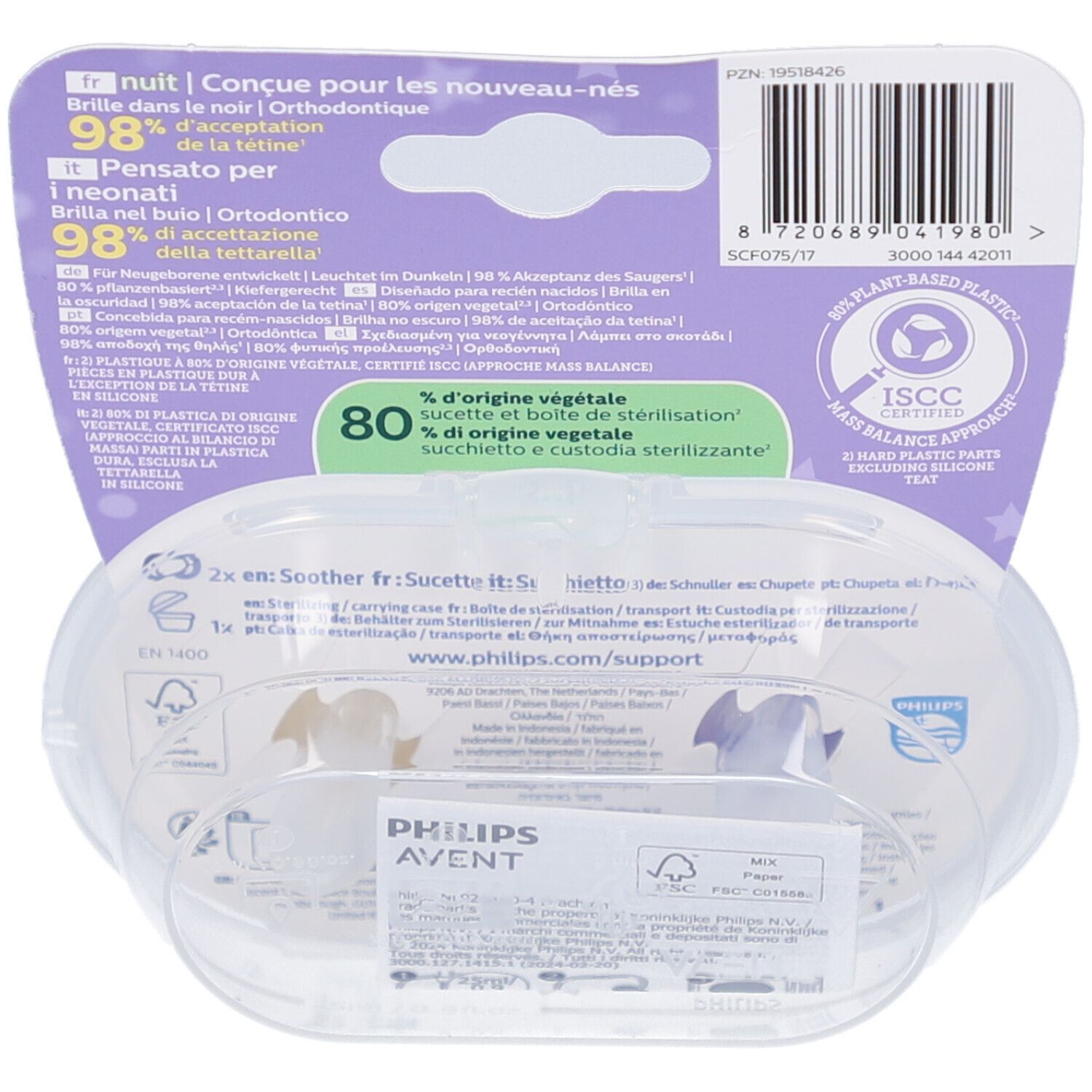 Dos de l'emballage avec informations produit et certifications. Comprend une boîte de rangement transparente.