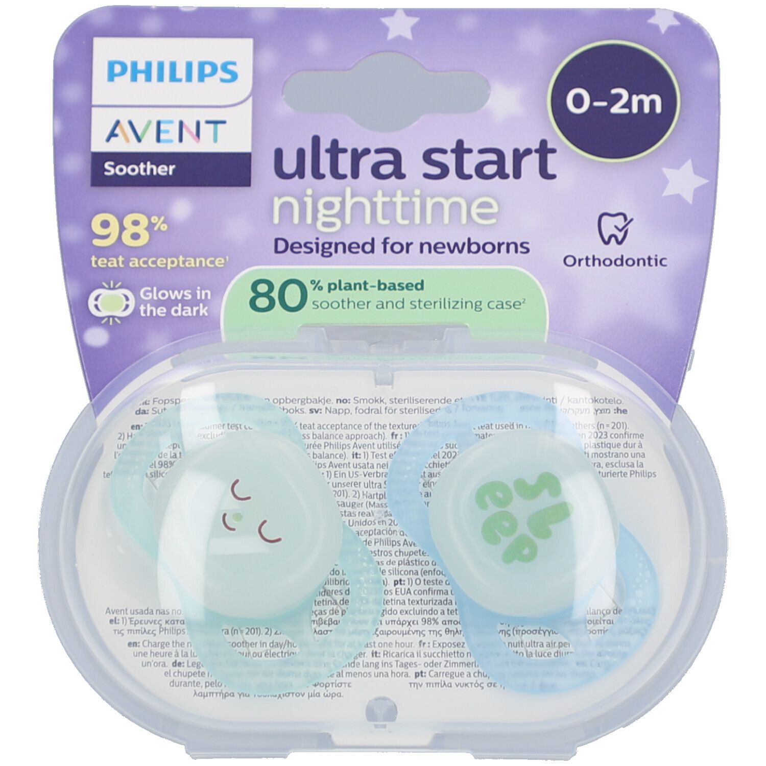 Sucettes Philips Avent bleues dans un étui transparent. Emballage avec informations produit. Texte: Ultra Start Nighttime.