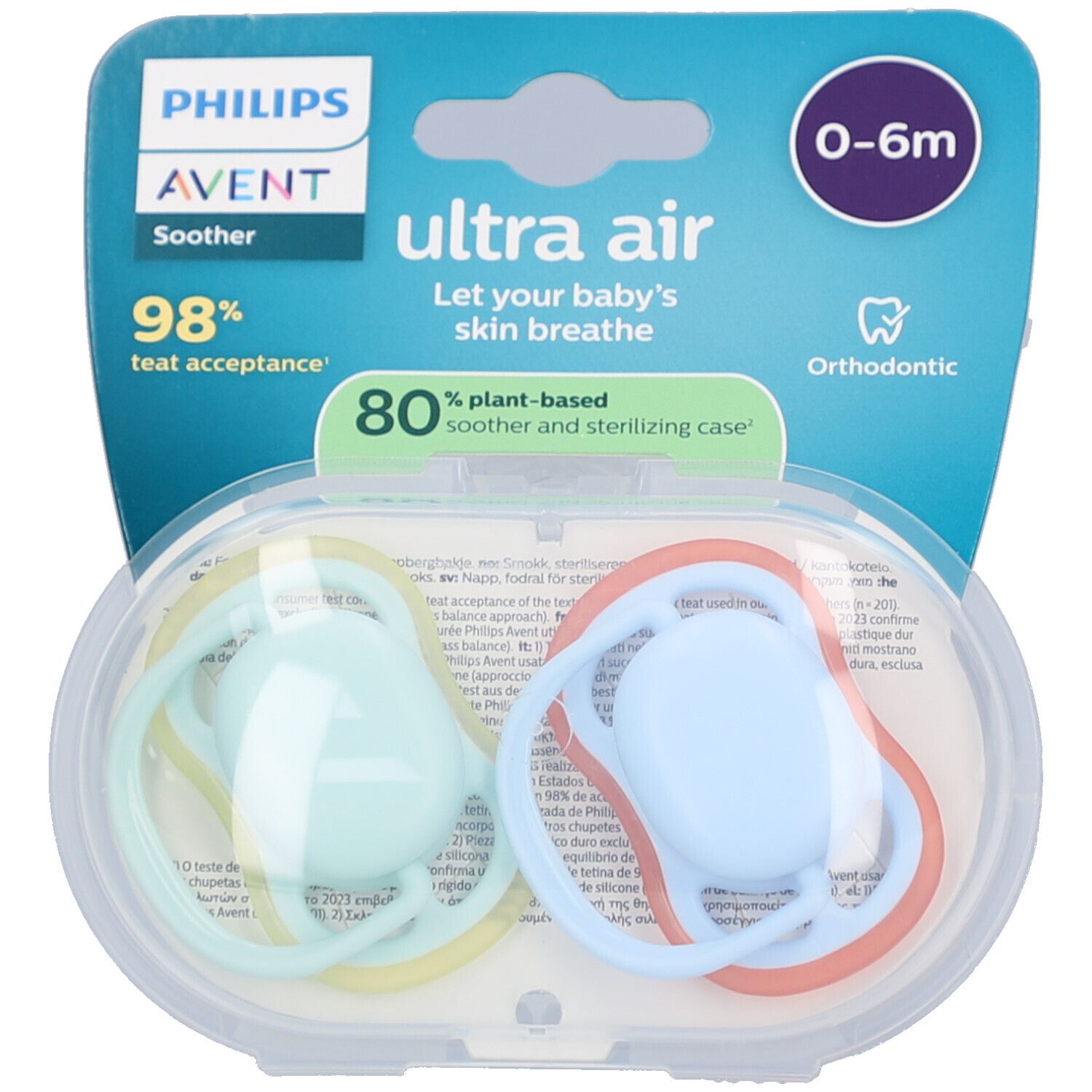 Deux sucettes dans un emballage transparent. Vert et bleu. Inscriptions : Philips Avent, Ultra Air, 0-6m.