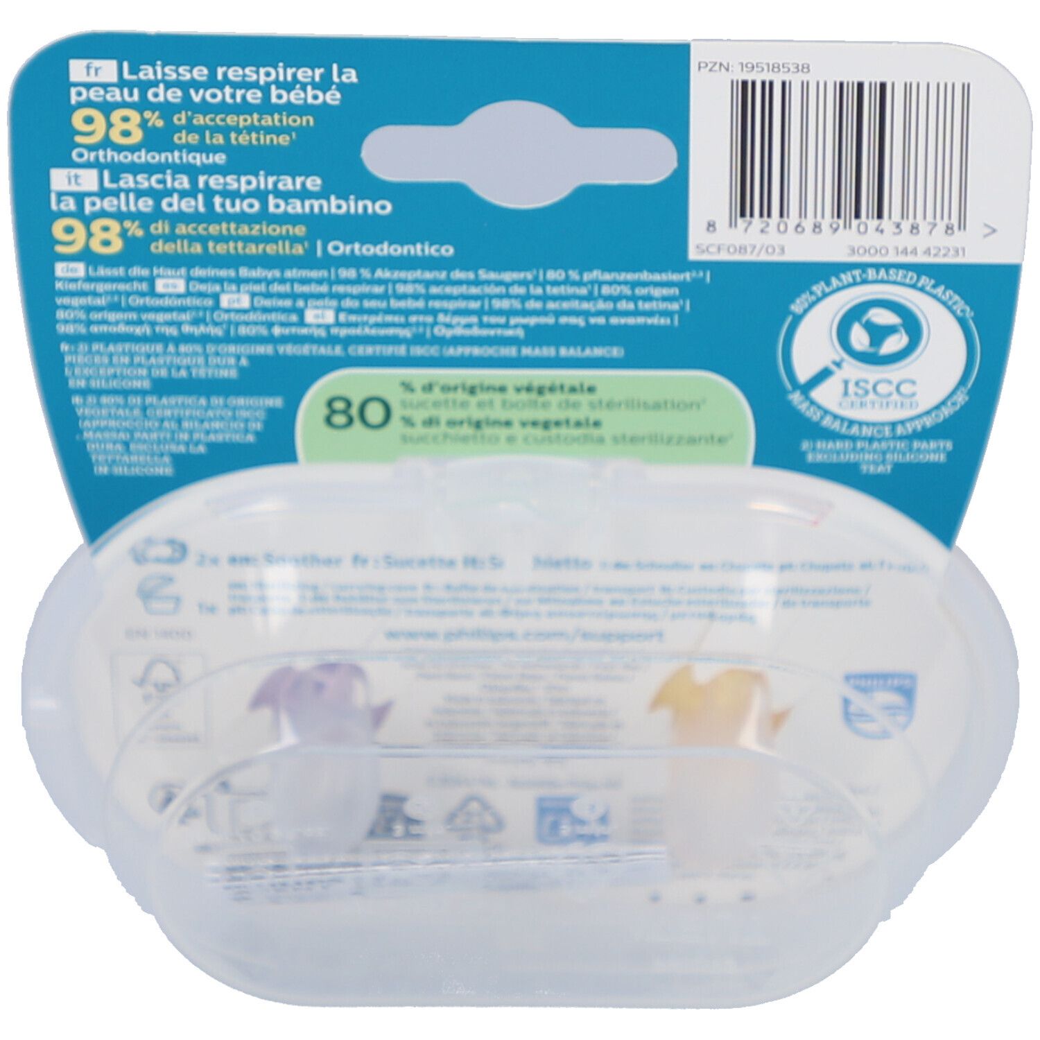 Dos de l'emballage avec informations produit et certifications. Boîte transparente avec deux sucettes, jaune et lilas, visibles.