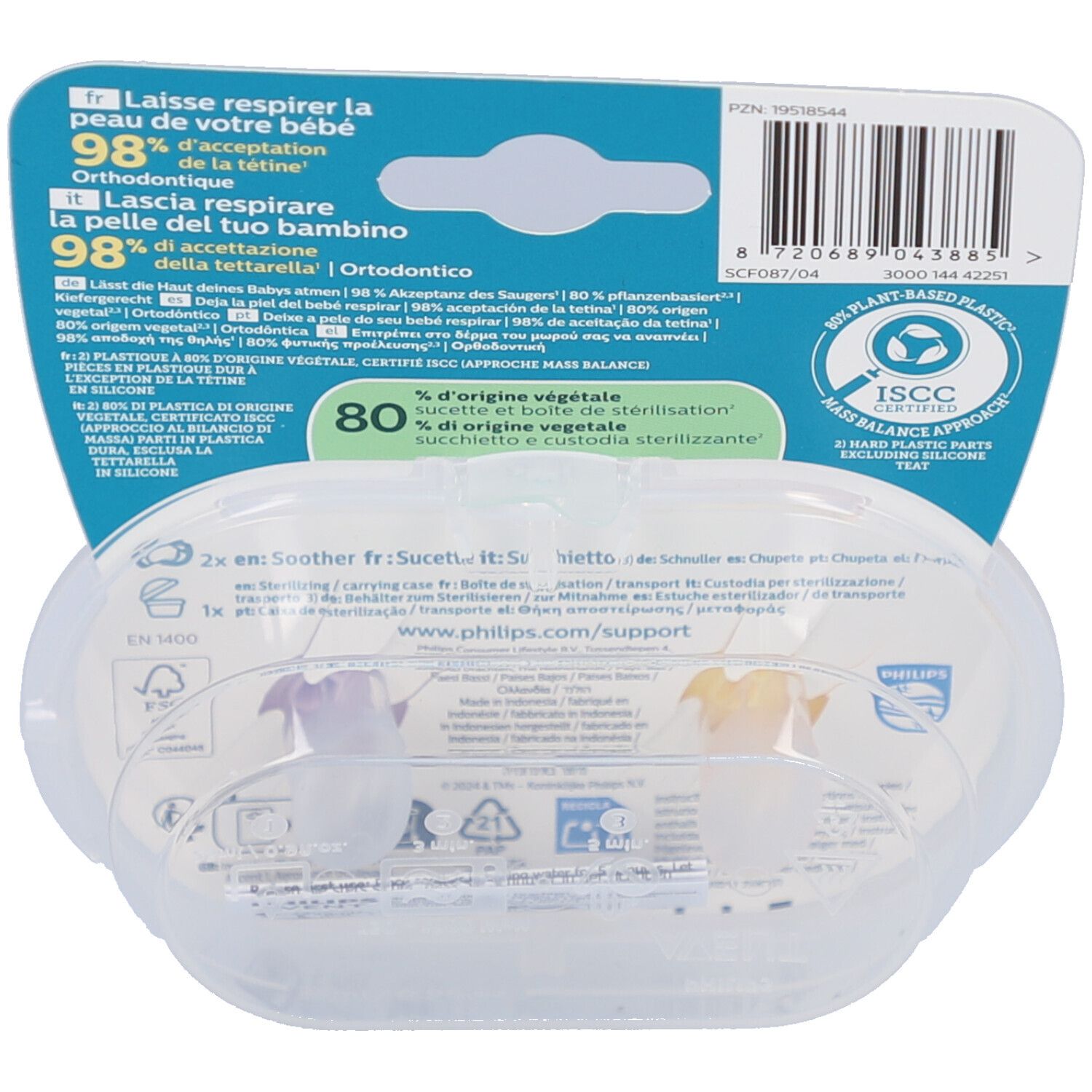 Dos de l'emballage avec deux sucettes. Emballage plastique transparent. Texte multilingue. Code-barres et logo.