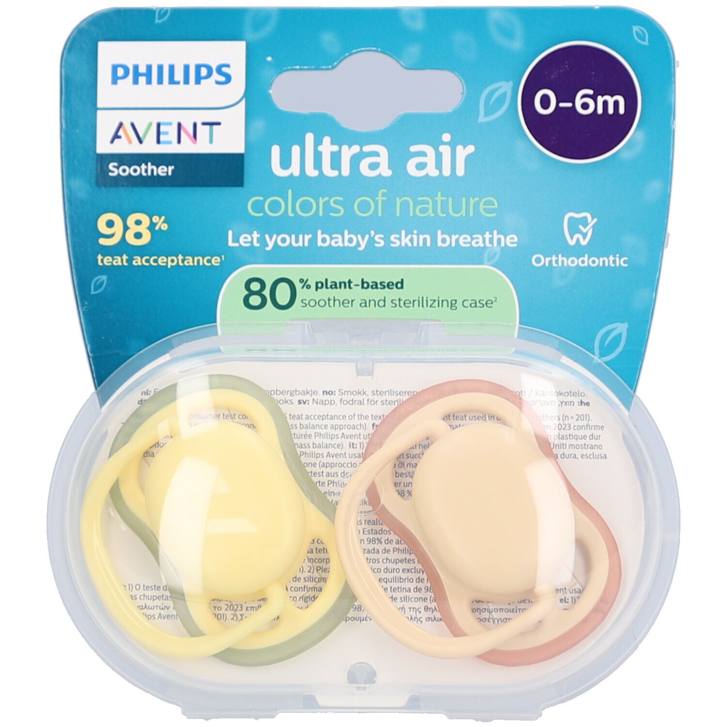 Deux sucettes beige et rose dans un étui transparent. Emballage avec nom de produit et indication d'âge 0-6m.