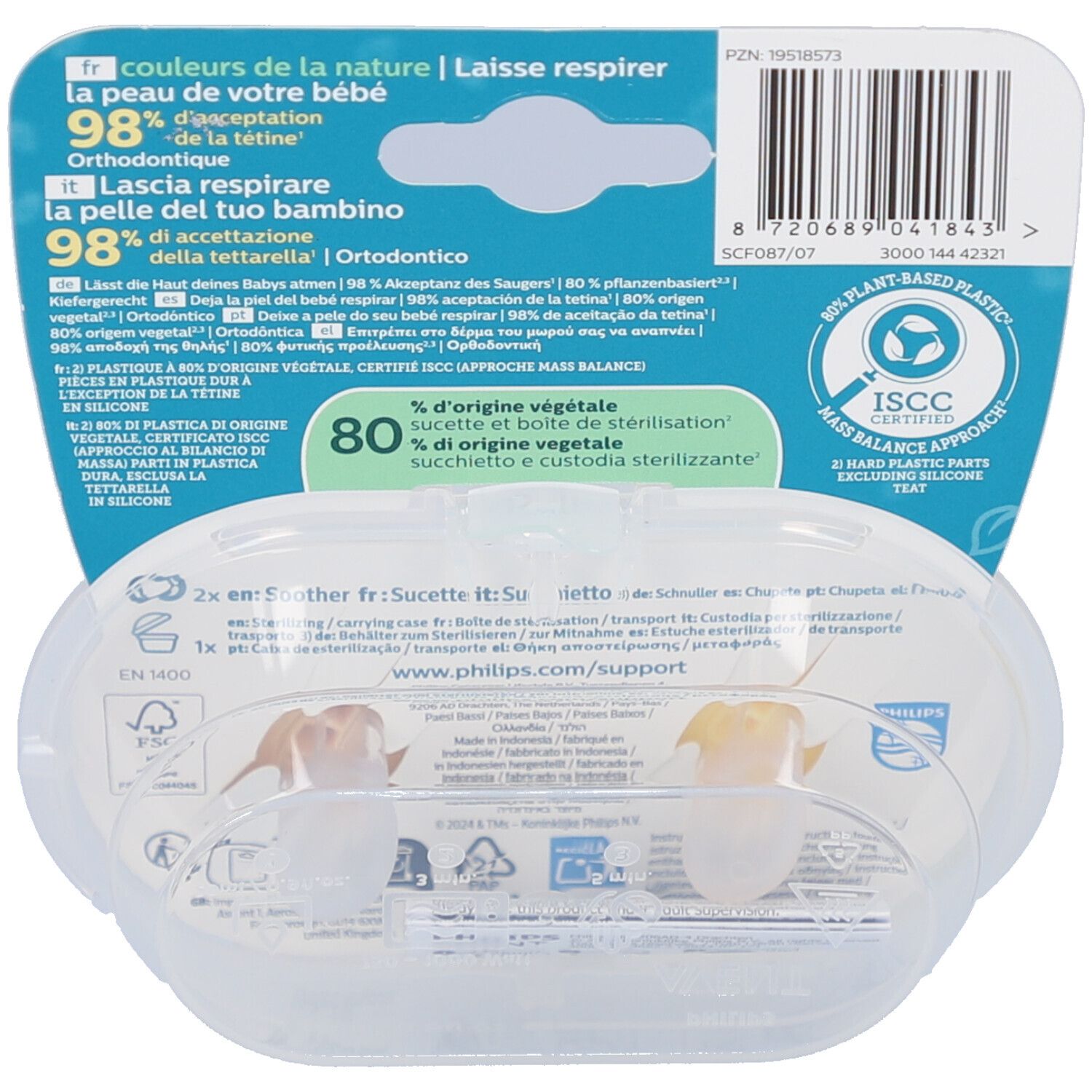 Dos de l'emballage avec informations produit et certifications. Étui transparent avec deux sucettes.