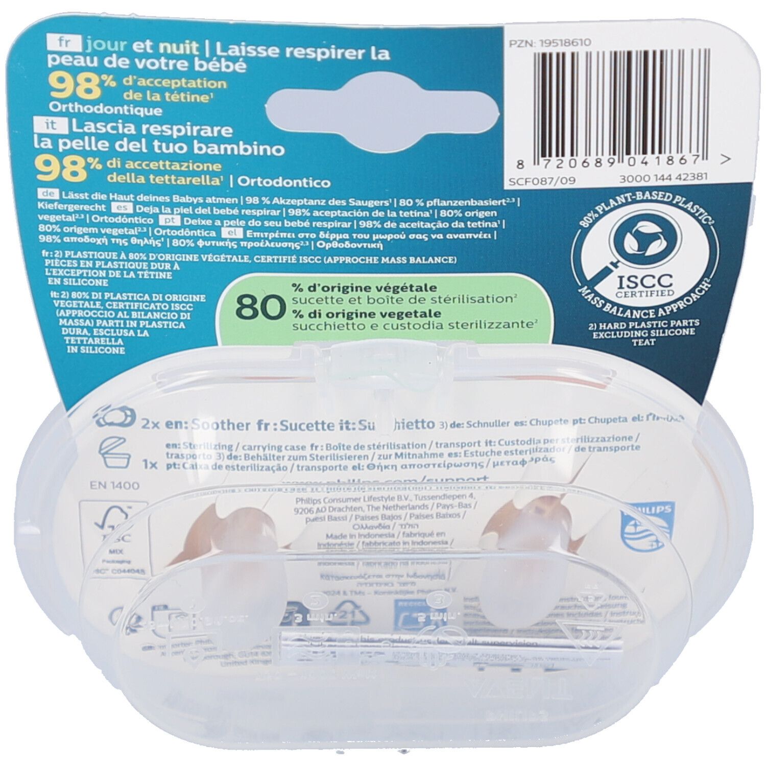 Dos de l'emballage avec informations produit. Texte multilingue. Logo de certification plastique.