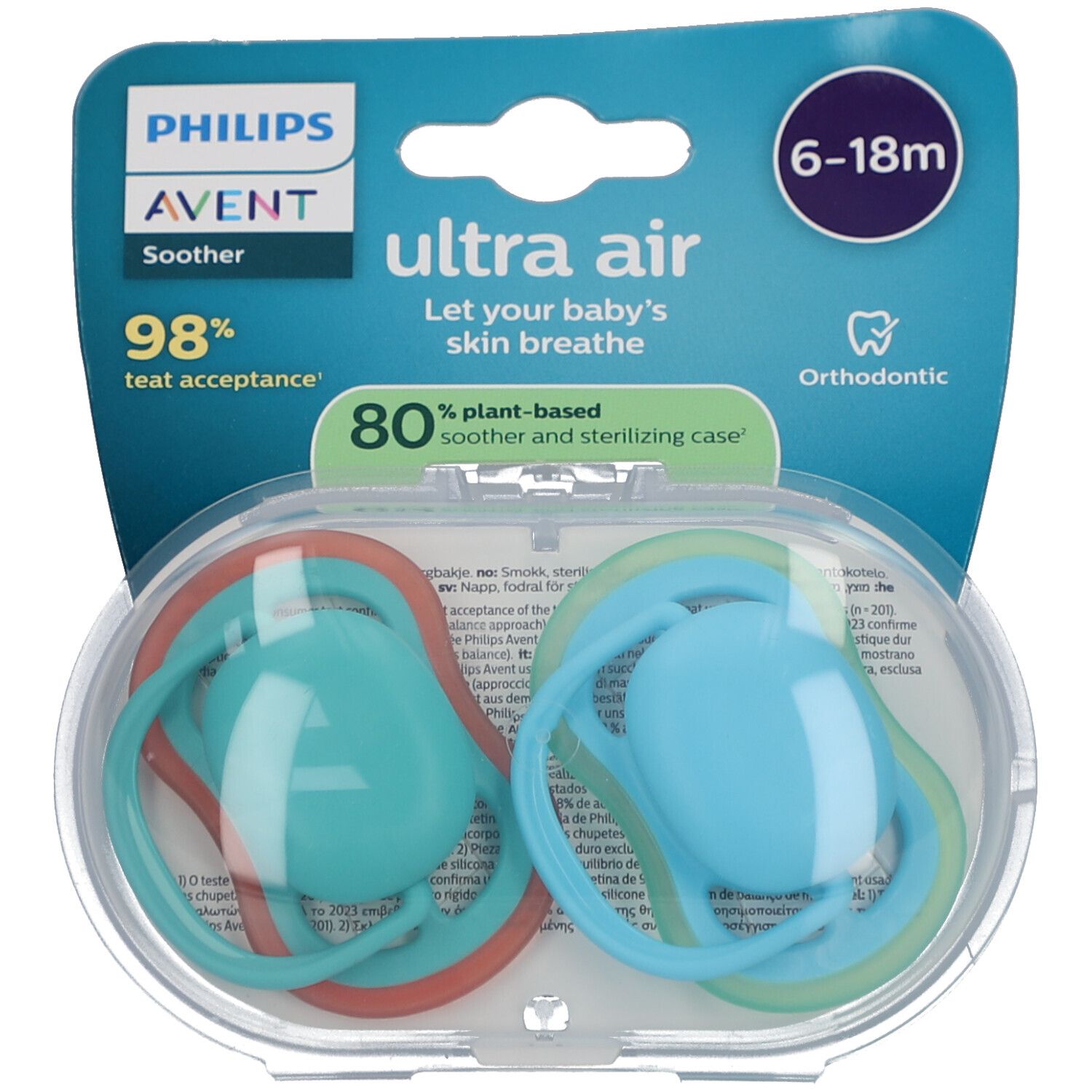 Deux sucettes bleues dans un emballage transparent. Éléments verts et rouges. Texte: Philips Avent, ultra air, 6-18m, 98% d'acceptation.