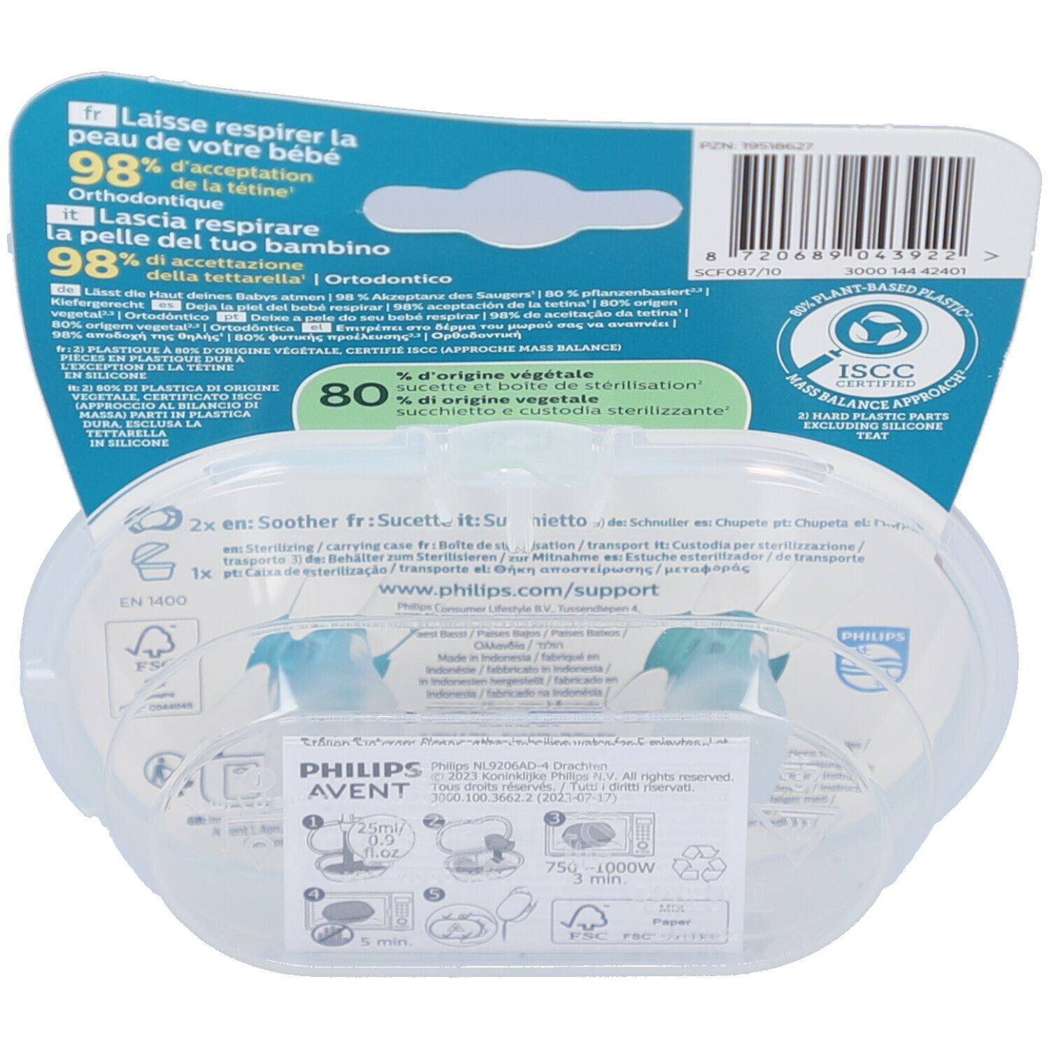 Dos de l'emballage avec texte et logos. Contient deux sucettes bleues dans un étui transparent. Texte: Philips Avent, ISCC, 80% végétal.