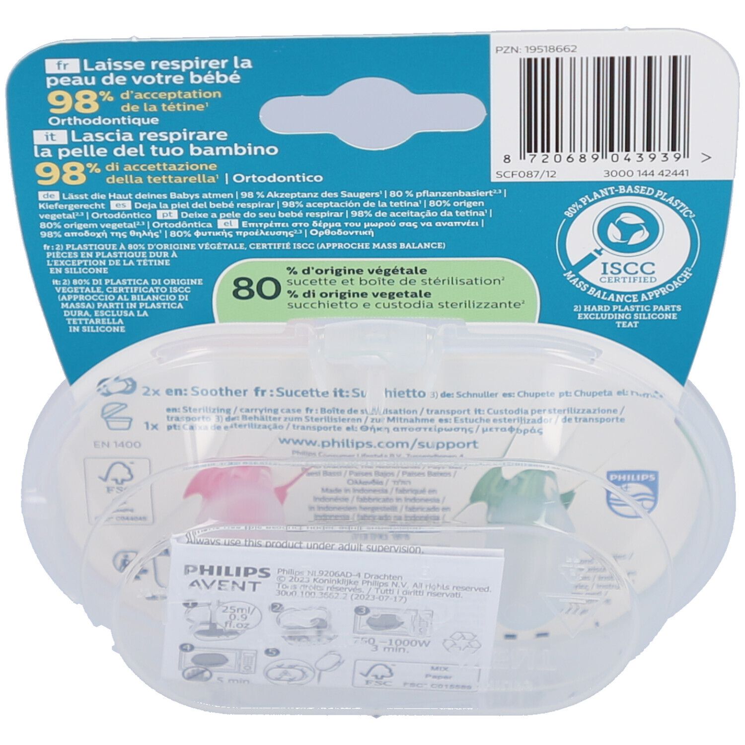 Dos de l'emballage avec informations produit et code-barres. Contient deux sucettes dans un étui transparent.