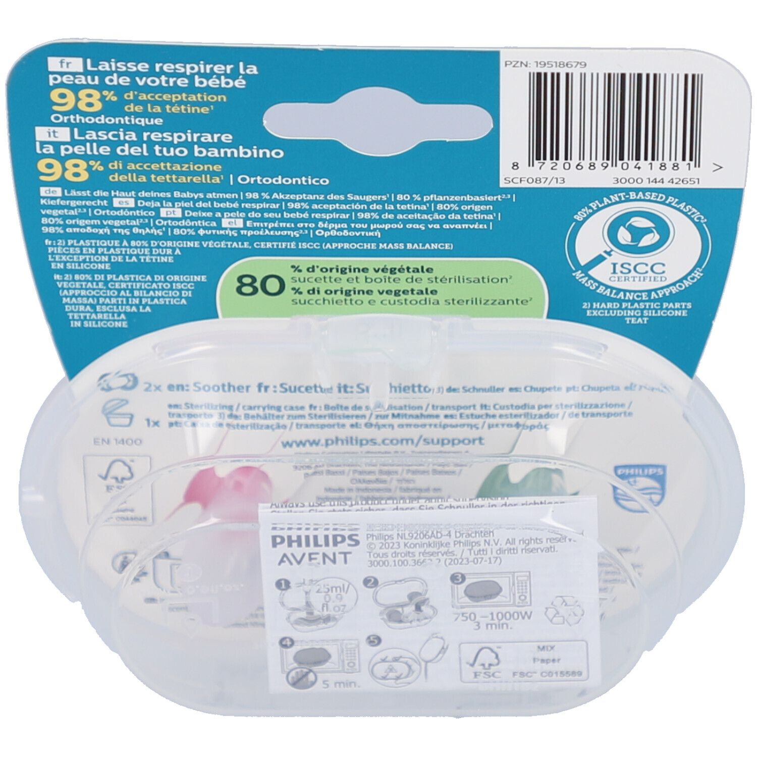 Dos de l'emballage avec informations produit et code-barres. Texte multilingue et détails de la composition du matériau.