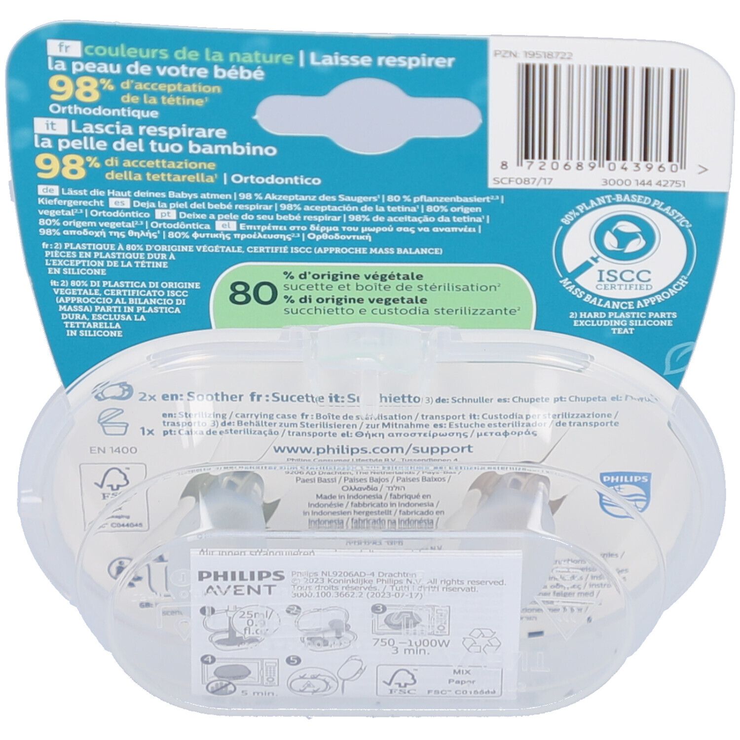 Dos de l'emballage avec informations produit, logos et code-barres. Étui transparent avec deux sucettes.