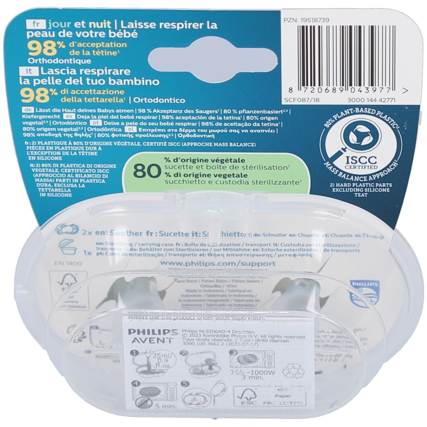 Dos de l'emballage avec informations, code-barres et logo. Boîte plastique transparente avec deux sucettes.