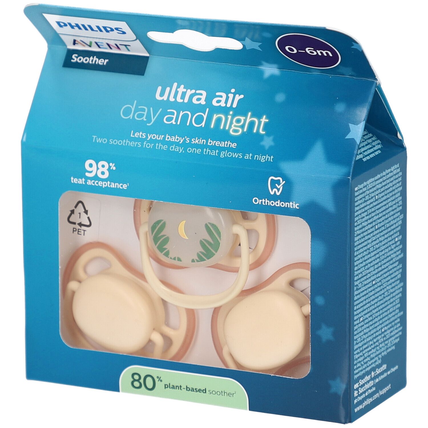 Emballage de trois sucettes. Visible: Philips Avent, Ultra Air, 0-6m. Deux sucettes pour le jour, une qui brille la nuit.
