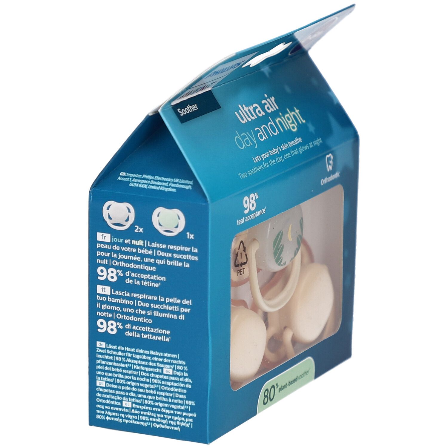 Emballage de trois sucettes. Visible: Philips Avent, Ultra Air, 0-6m. Deux sucettes pour le jour, une qui brille la nuit.