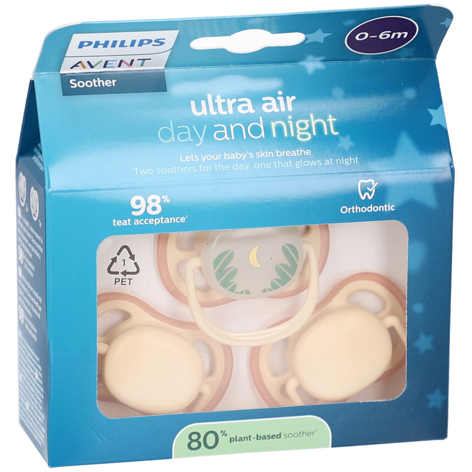 Emballage de trois sucettes. Visible: Philips Avent, Ultra Air, 0-6m. Deux sucettes pour le jour, une qui brille la nuit.