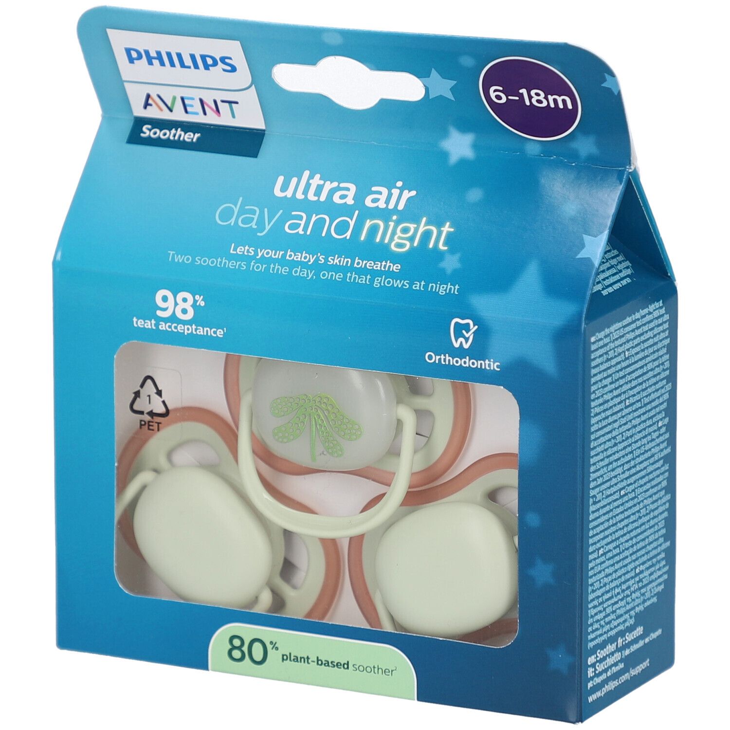 Emballage Philips Avent sucettes. Trois sucettes visibles. Texte: Ultra Air Day and Night, 6-18m, 98% acceptation, Orthodontique.