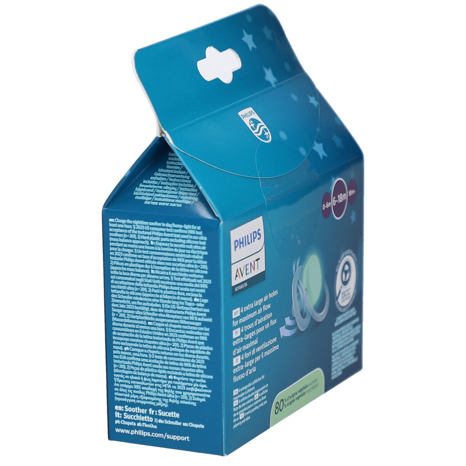 Emballage Philips Avent sucettes. Texte: 6-18m. Quatre grands trous d'air. Une sucette lumineuse. Certification ISCC. 80% végétal.