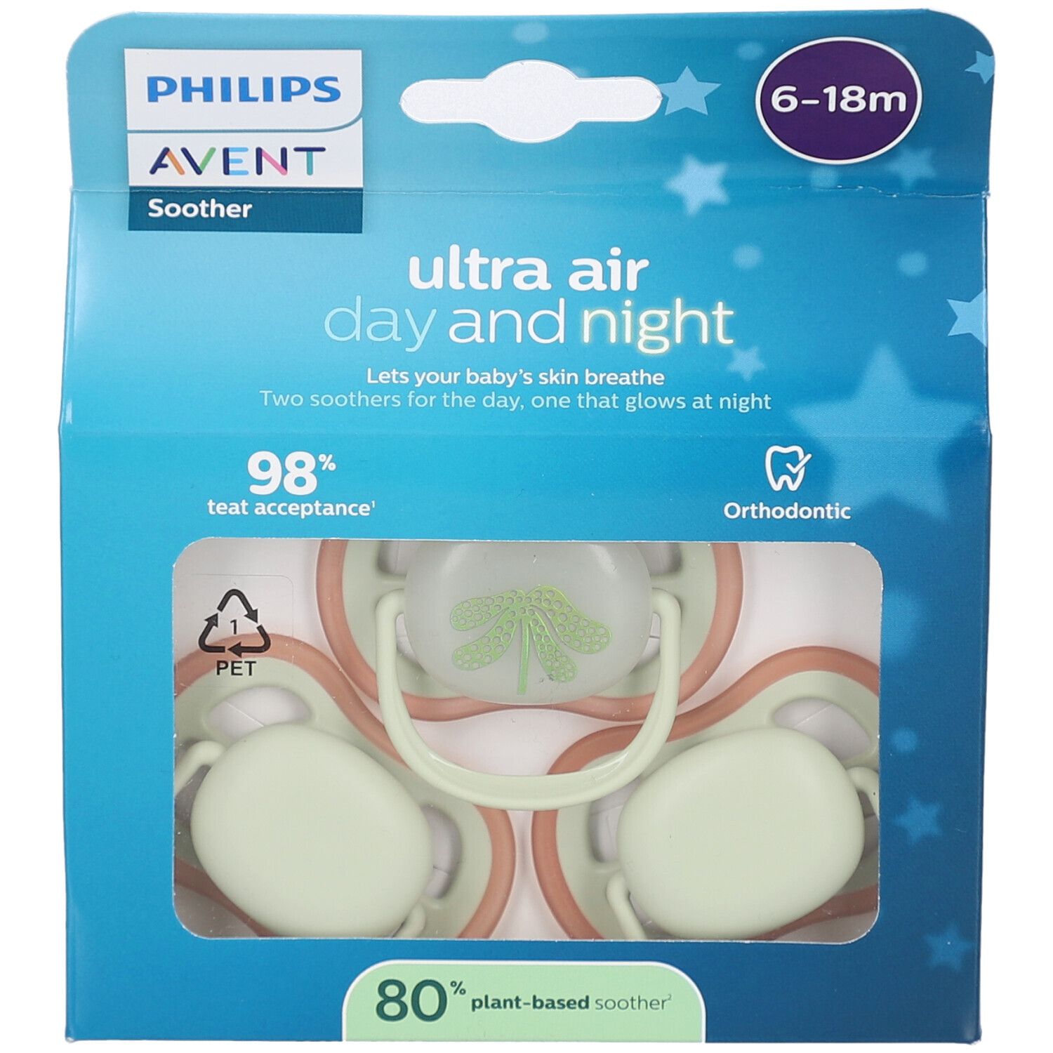 Emballage Philips Avent sucettes. Texte: Ultra Air Day and Night, 6-18m, 98% acceptation, Orthodontique. Trois sucettes visibles.