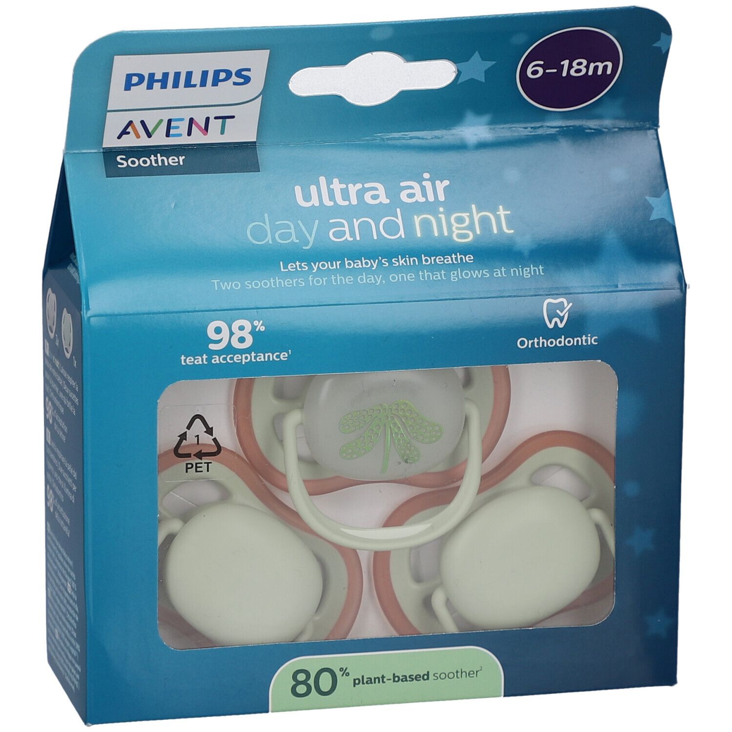 Emballage Philips Avent sucettes. Texte: Ultra Air Day and Night, 6-18m, 98% acceptation, Orthodontique. Trois sucettes visibles.