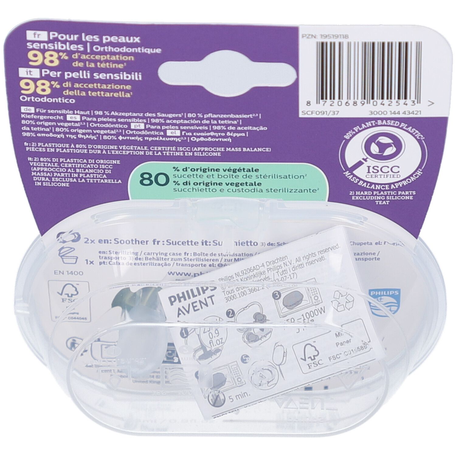 Dos de l'emballage avec informations produit et code-barres. Étui transparent avec deux sucettes.