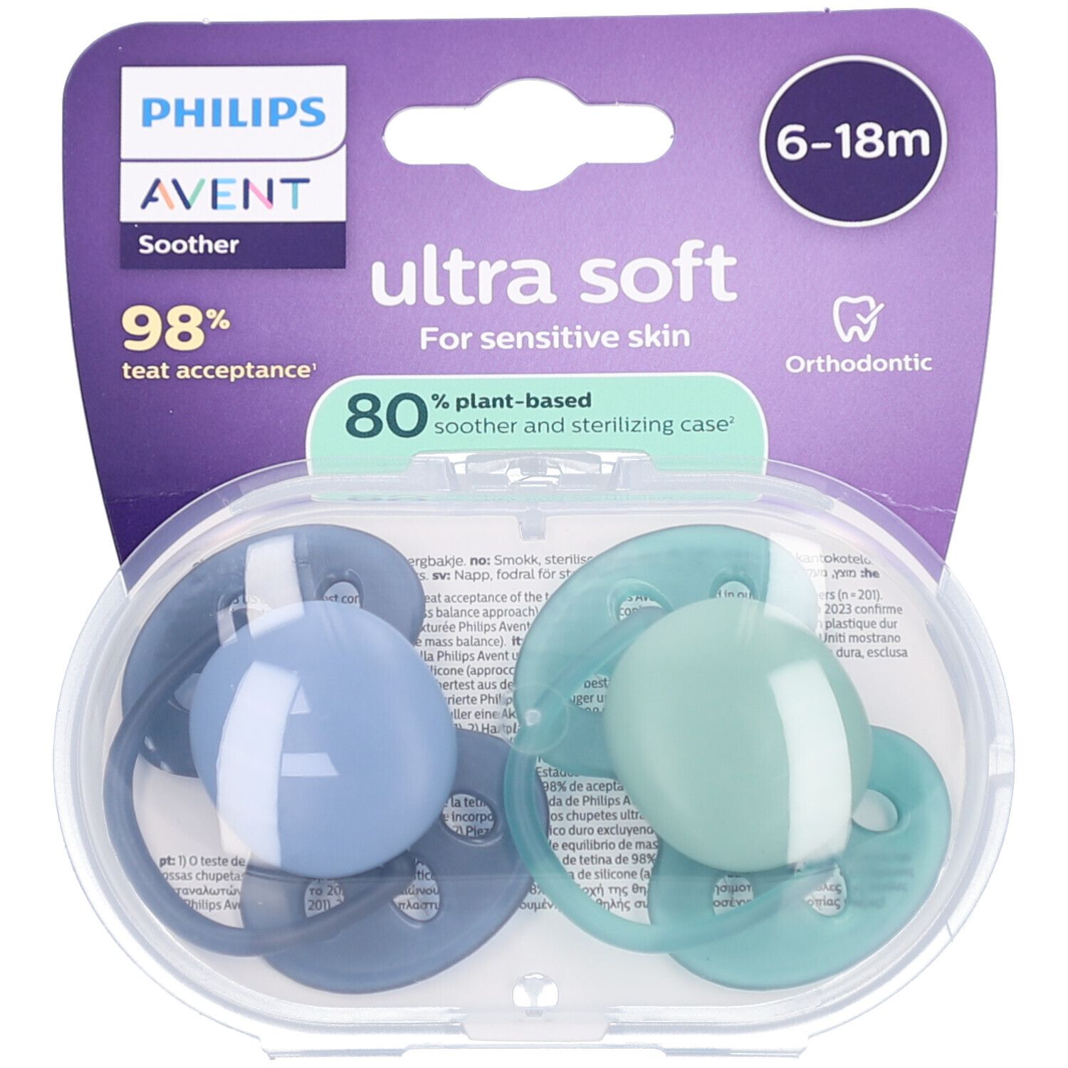 Deux sucettes bleu et vert dans un emballage transparent. Inscriptions: Philips Avent, ultra soft, 6-18m.