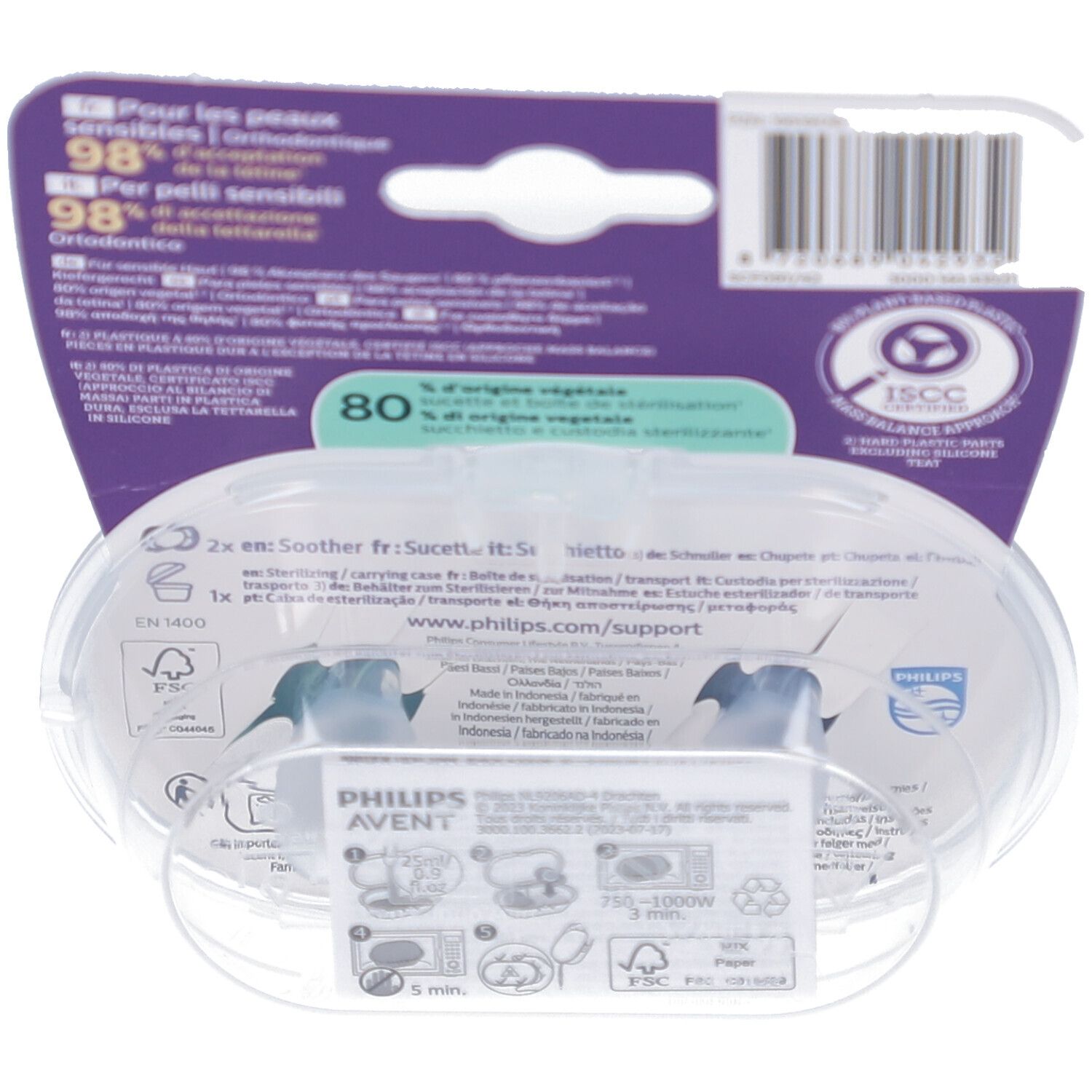 Dos de l'emballage avec deux sucettes. Informations et logos Philips Avent, FSC et ISCC.