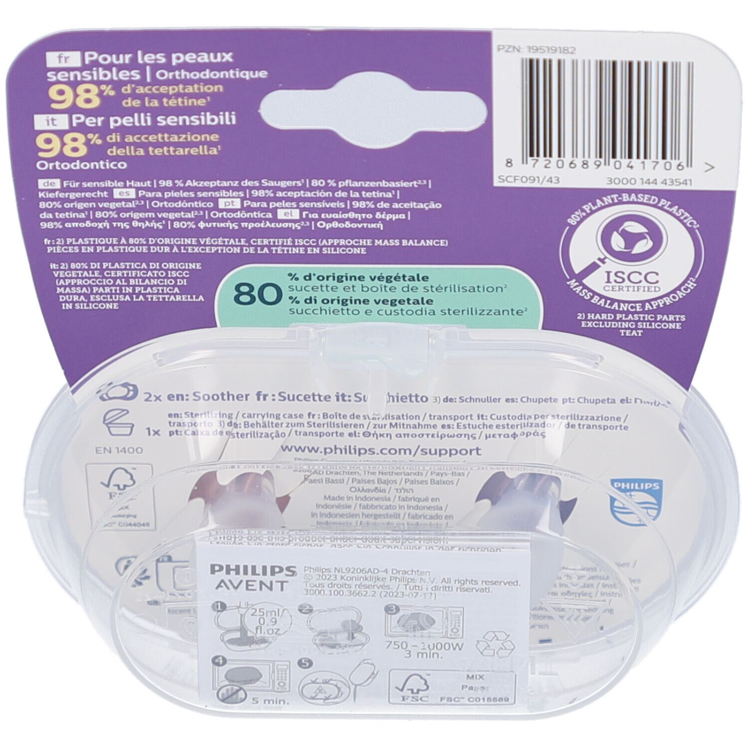 Dos de l'emballage avec informations produit et certifications. Boîte de rangement transparente avec deux sucettes.