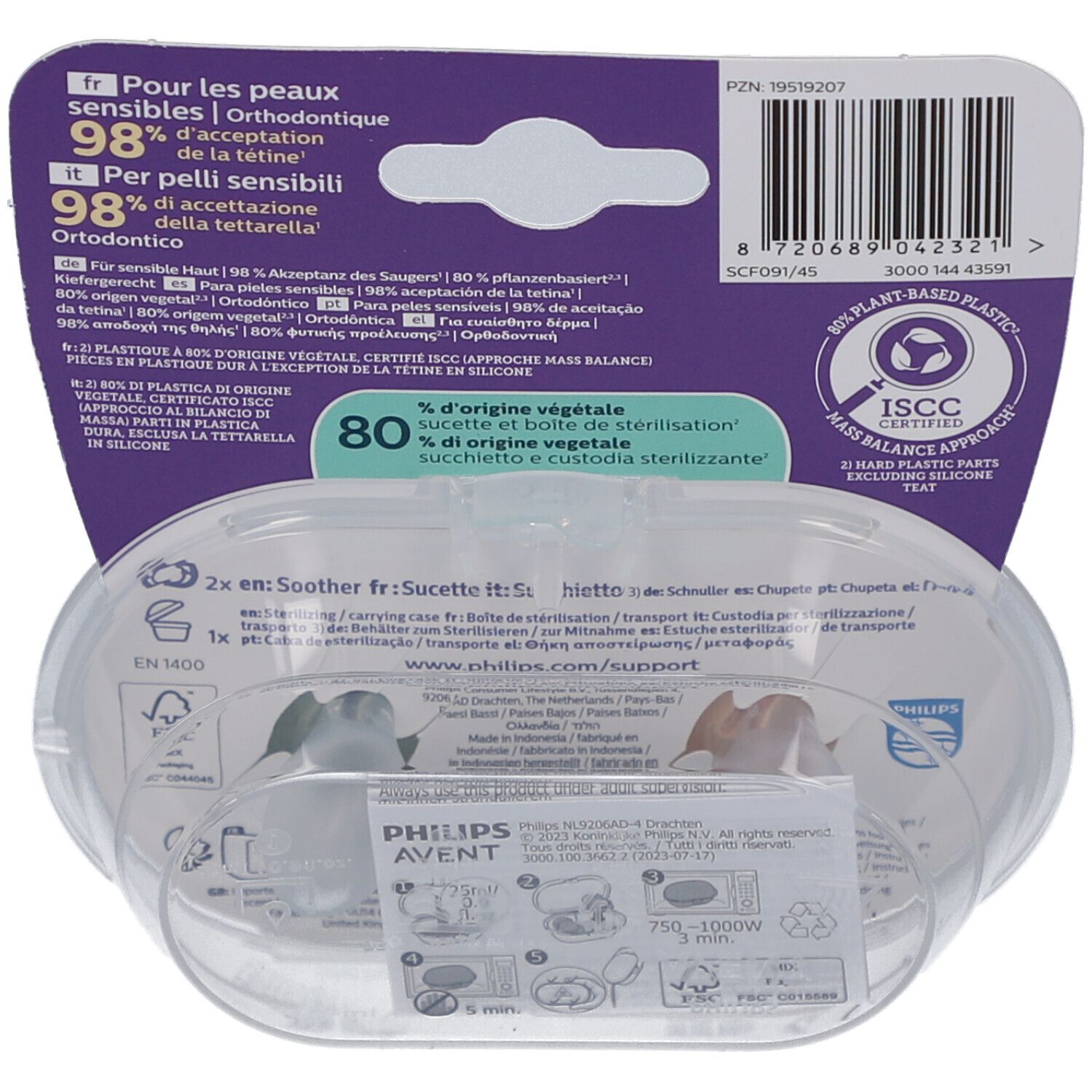 Dos de l'emballage avec informations produit, logo et certifications. Boîte de rangement transparente.