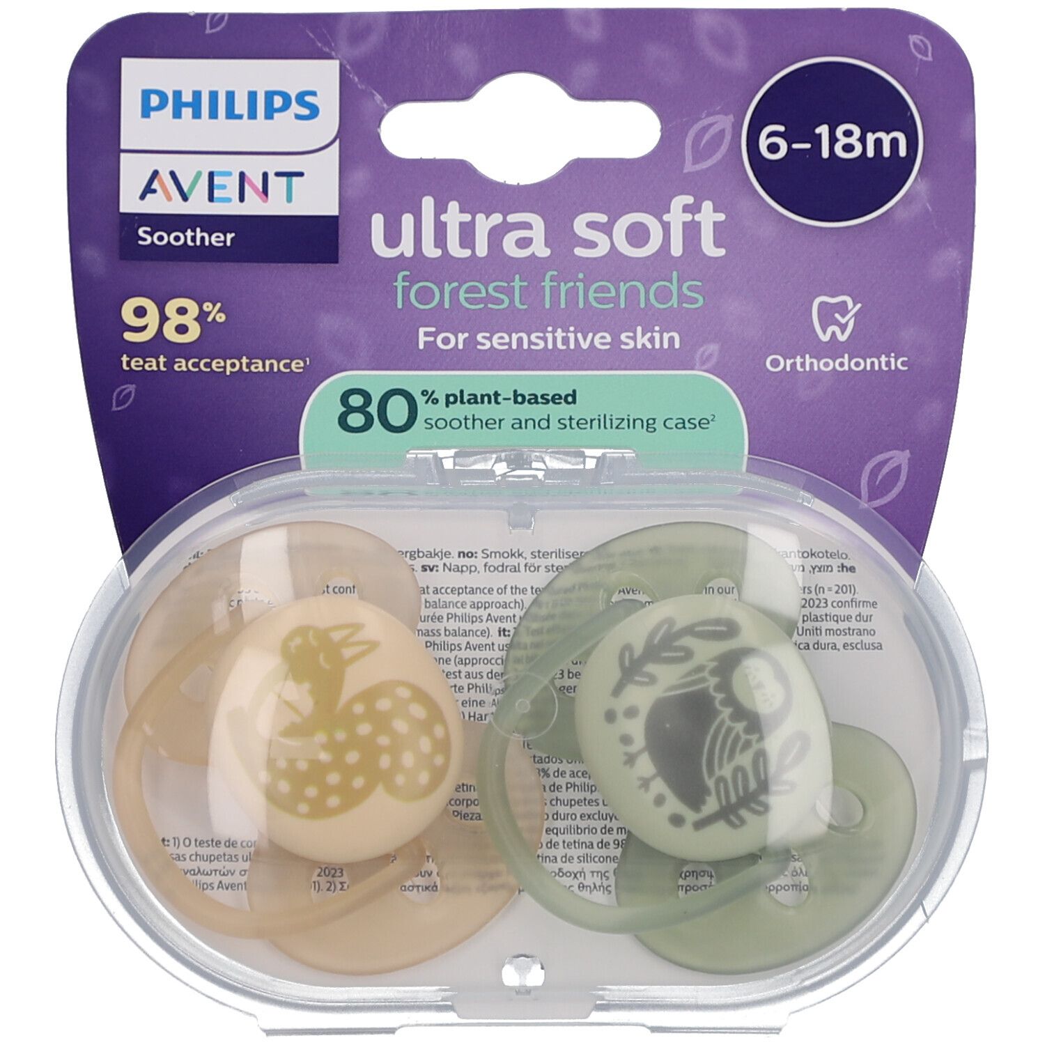 Pack de deux sucettes Philips Avent. Sucettes beige et verte avec motifs forêt, emballage transparent. 6-18 mois.