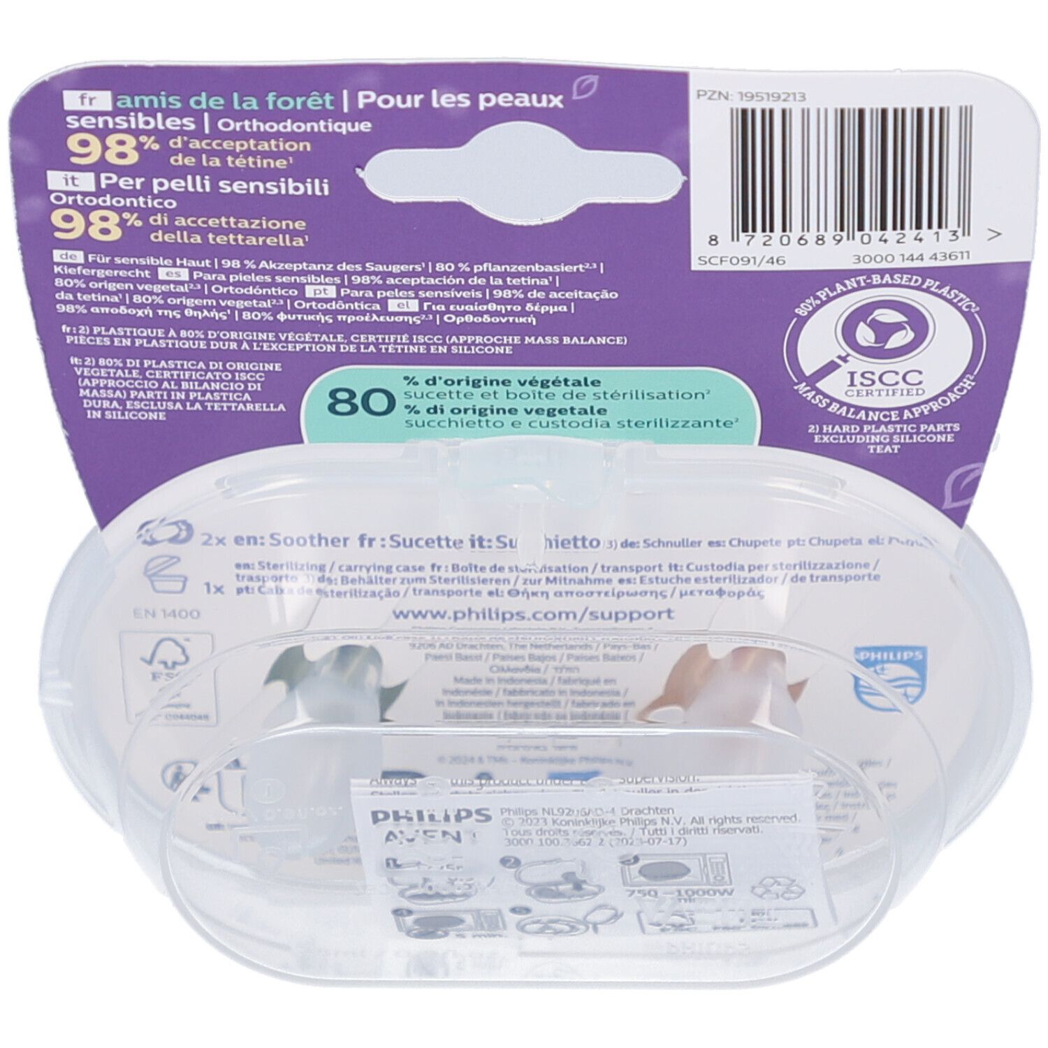 Dos de l'emballage des sucettes Philips Avent. Informations sur les matériaux, certifications et instructions. Boîte de rangement transparente.