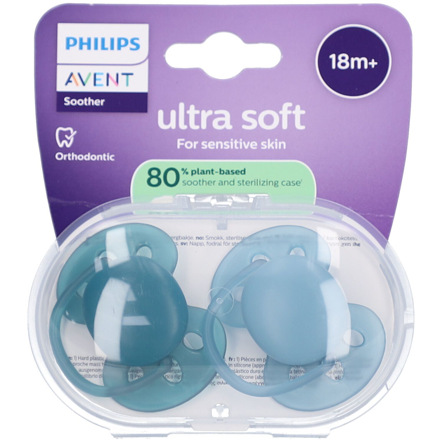 Deux sucettes bleues dans un étui ovale transparent. Emballage avec logo Philips Avent et mention 'ultra soft'.