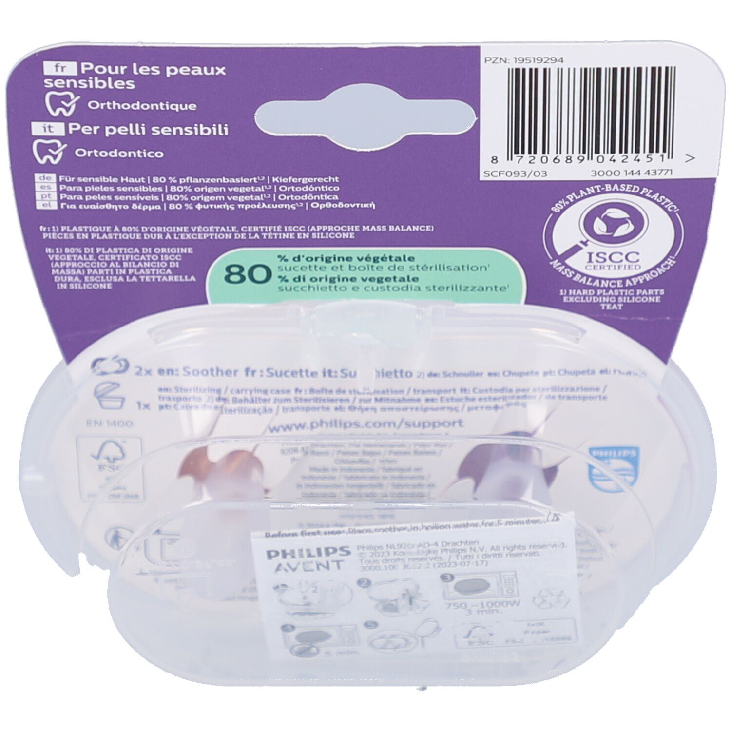 Dos de l'emballage avec informations produit. Deux sucettes visibles dans l'emballage. Code-barres et certifications.