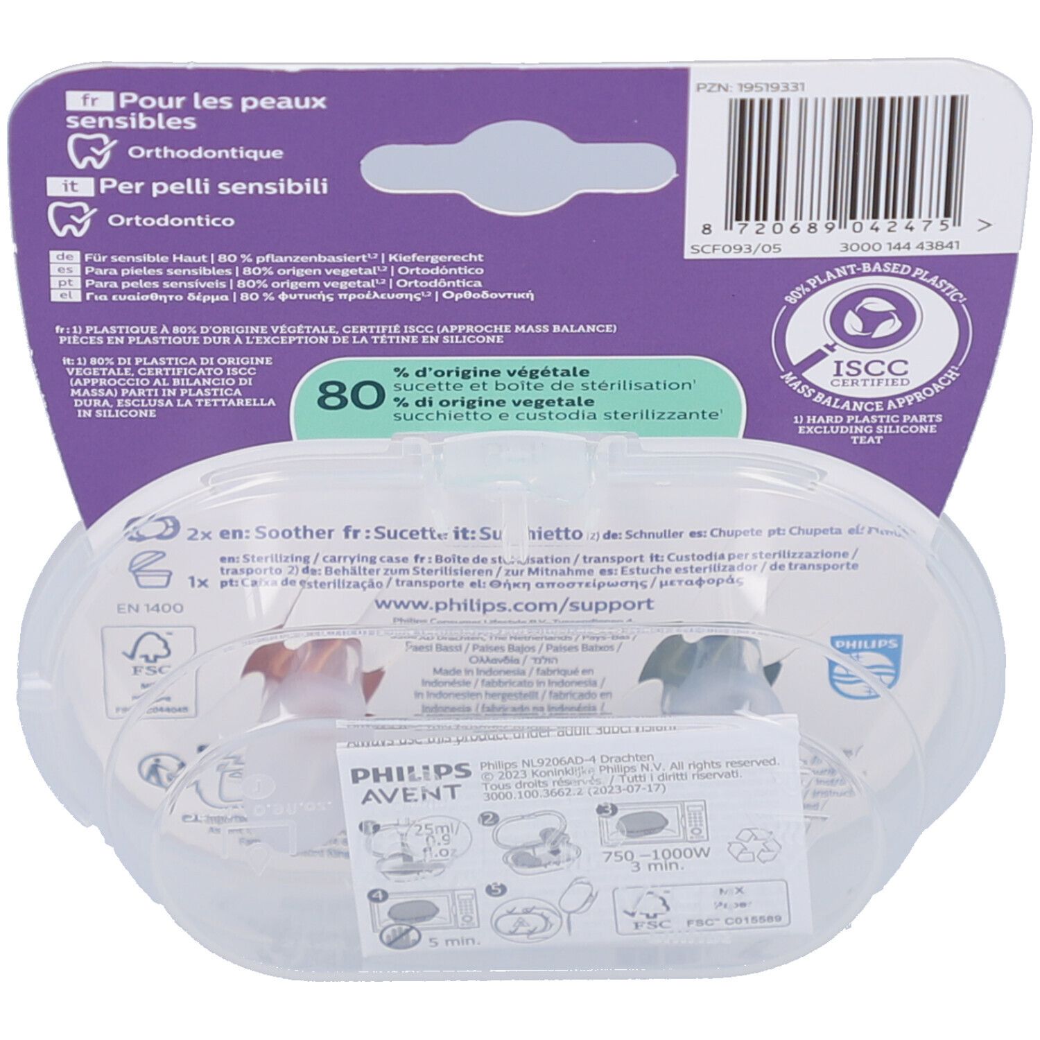 Dos de l'emballage avec informations produit. Texte multilingue. 80% végétal. Certification ISCC.