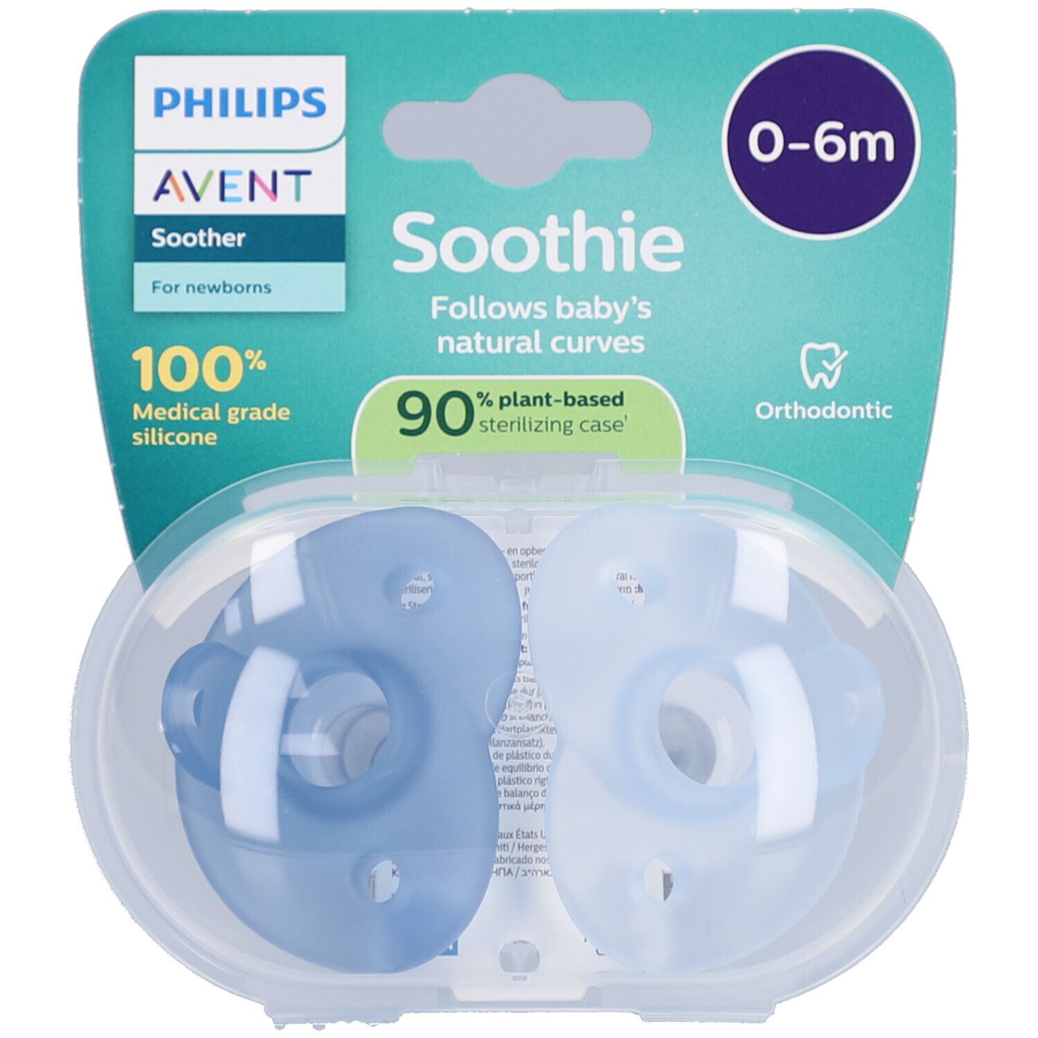 Deux sucettes bleues et transparentes dans un emballage transparent en deux parties. Inscription : Philips Avent Soothie, 0-6m.