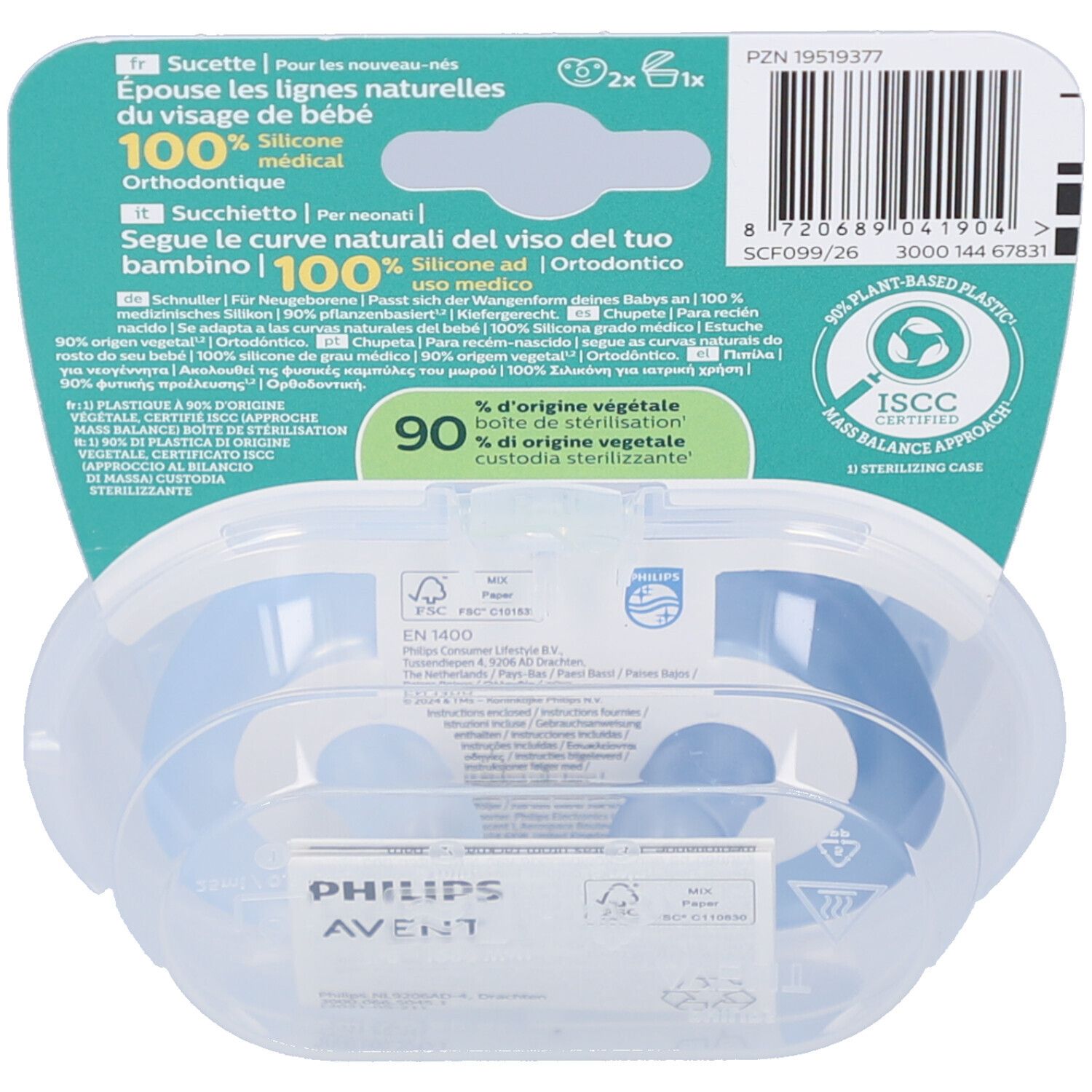 Dos de l'emballage avec deux sucettes bleues dans un étui transparent. Inscription : Philips Avent, 90% boîte de stérilisation.