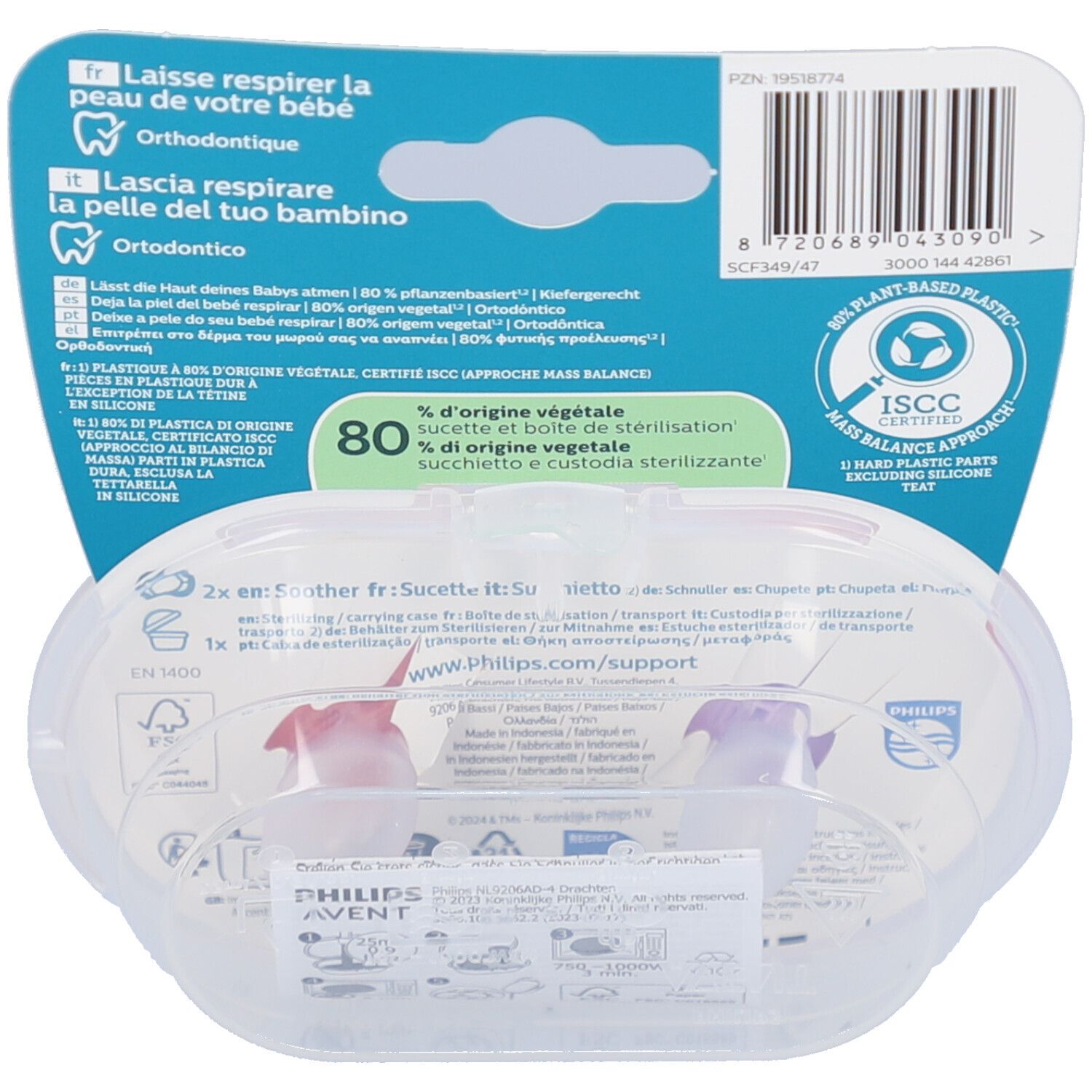 Dos de l'emballage avec informations produit et certifications. Contient du texte multilingue et le logo de la marque.