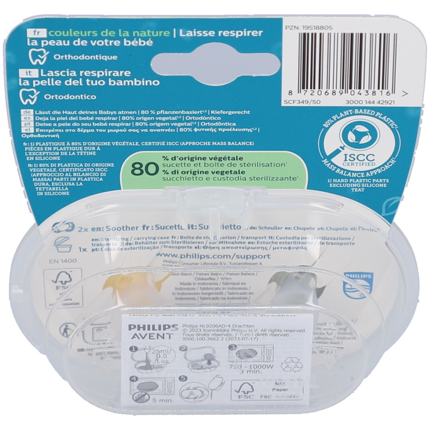 Dos de l'emballage avec informations produit. Contient des logos, du texte multilingue et une illustration des sucettes.