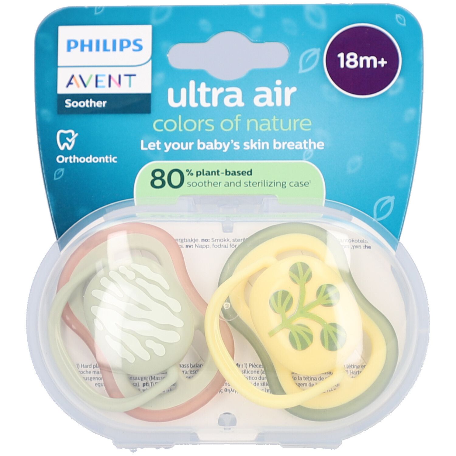 Deux sucettes dans un étui transparent. Emballage avec nom du produit et indication d'âge. Orthodontique.