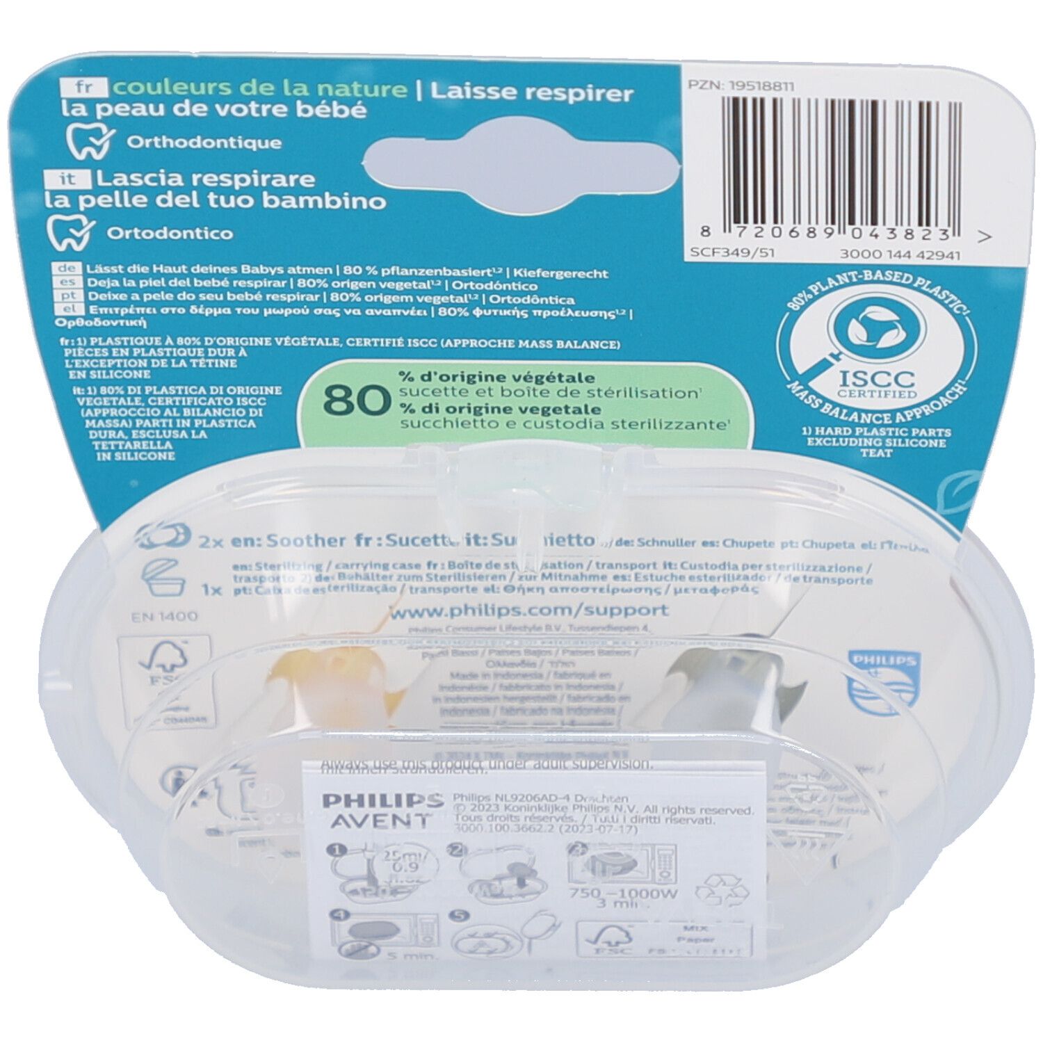 Dos de l'emballage avec informations produit et certifications. Boîte transparente avec deux sucettes.