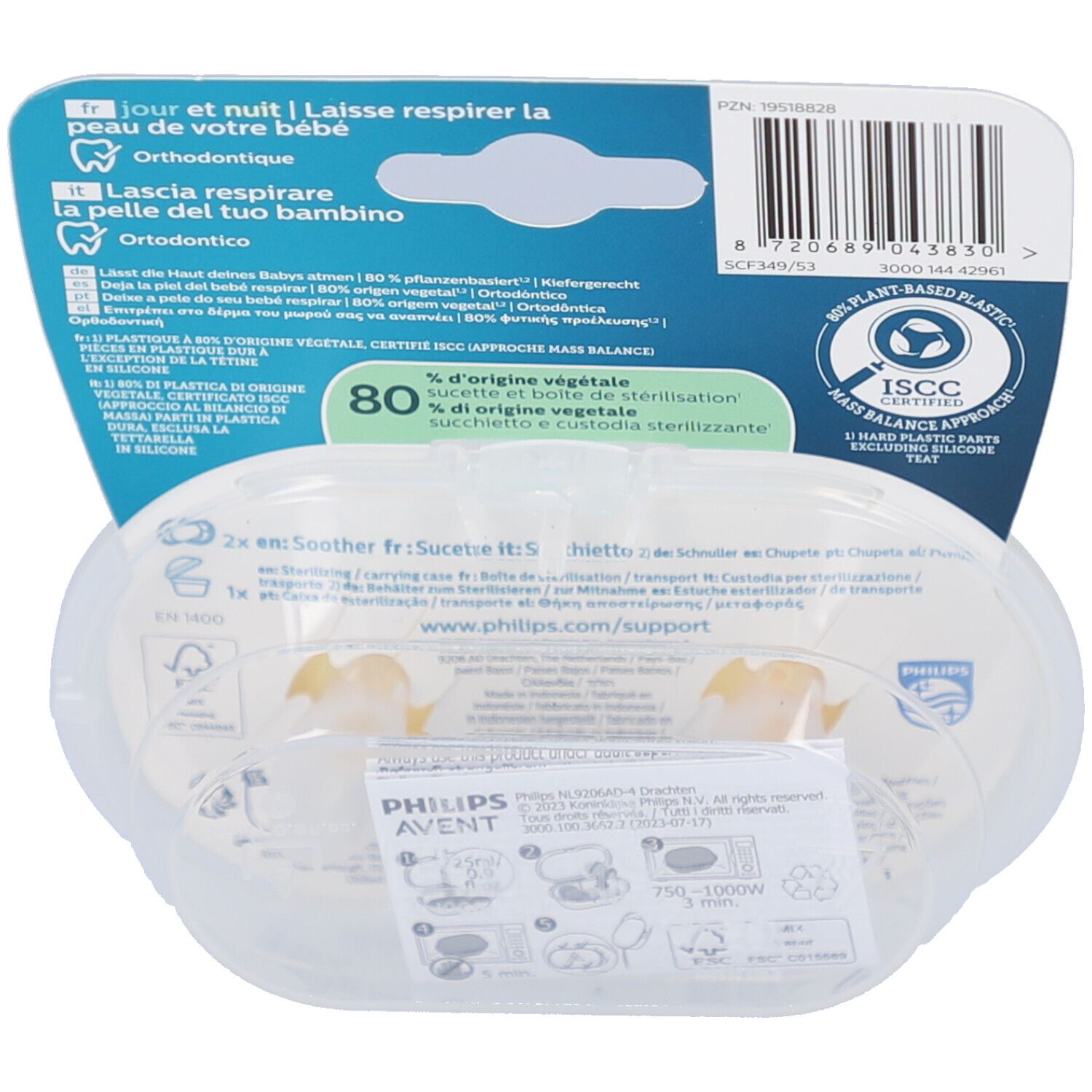 Dos de l'emballage avec informations produit. Boîte transparente avec deux sucettes. Texte multilingue.