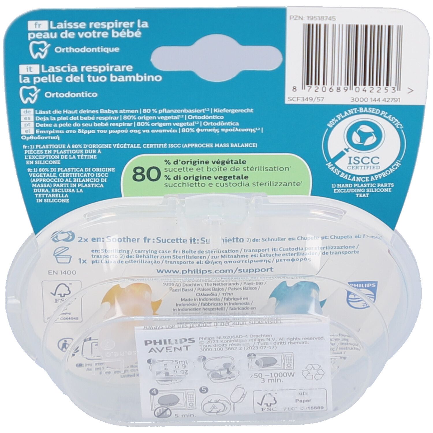 Dos de l'emballage avec informations produit et certifications. Étui transparent avec deux sucettes.