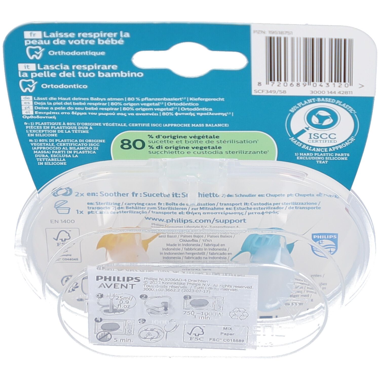 Dos de l'emballage avec informations produit et code-barres. Contient une boîte de rangement transparente avec deux sucettes.