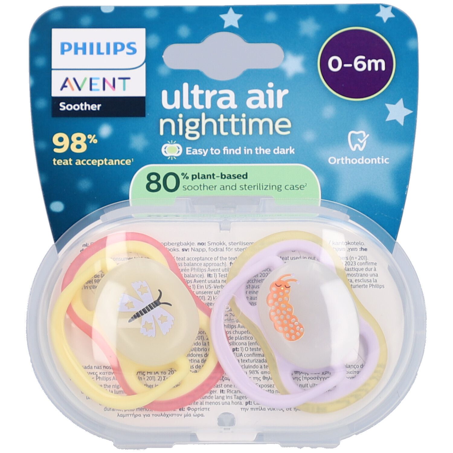 Deux sucettes dans un étui transparent. Inscription : Philips Avent, ultra air nighttime, 0-6m. 98% d'acceptation.