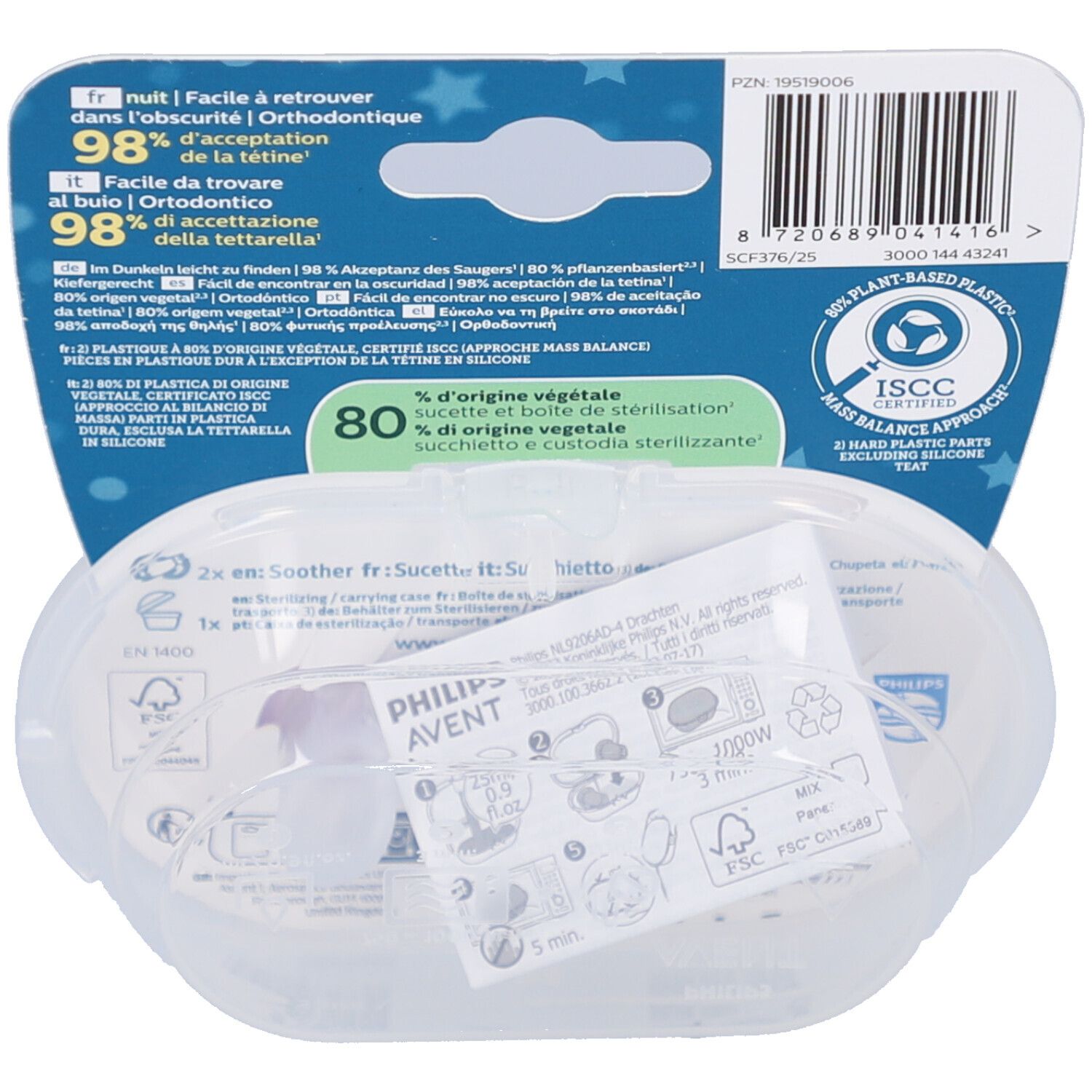 Dos de l'emballage avec informations produit. Inscription : Philips Avent, 98% d'acceptation, 80% matériaux végétaux.