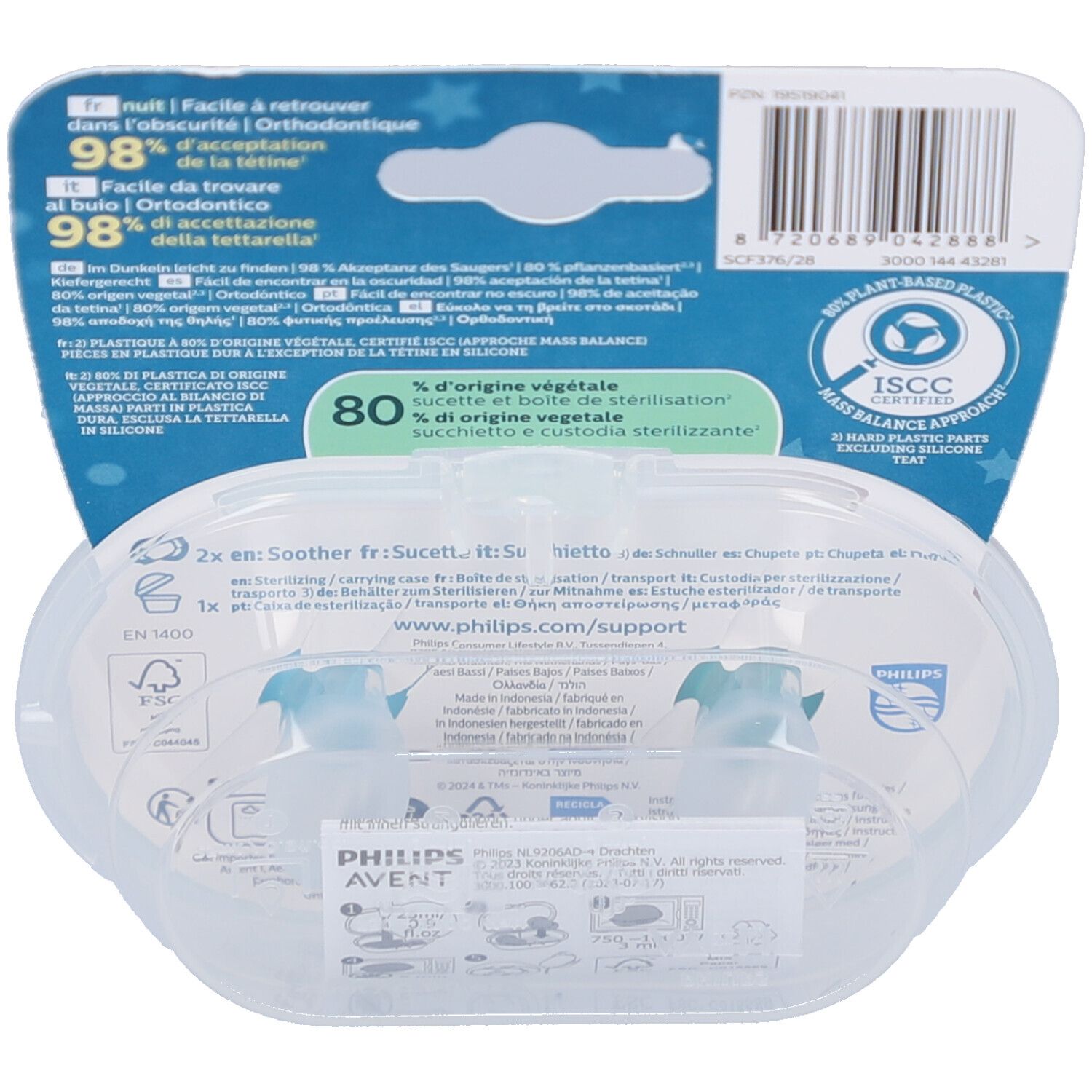 Dos de l'emballage avec informations produit. Boîte de rangement transparente avec deux sucettes. Texte multilingue, logo de la marque et certifications.