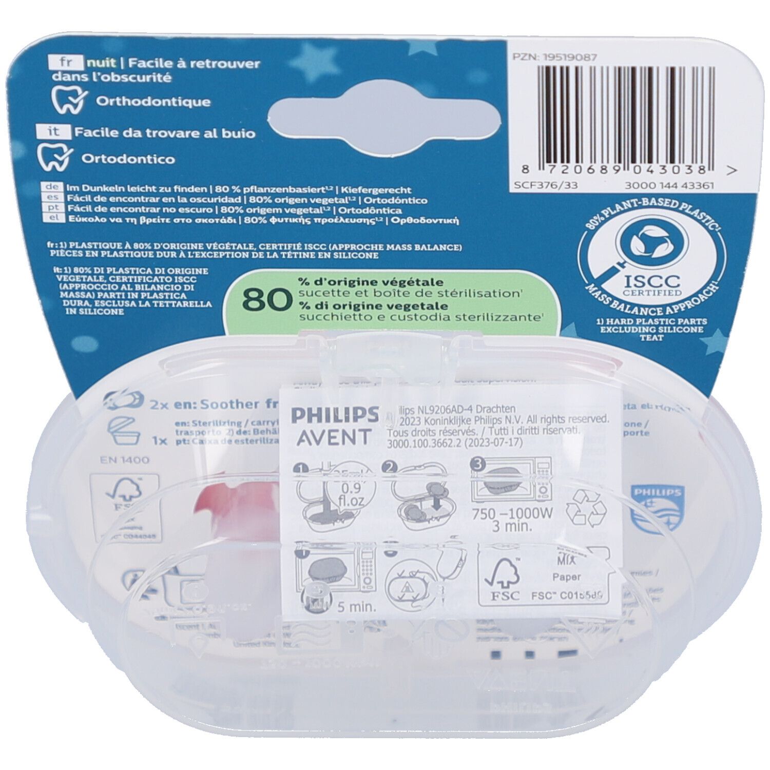 Dos de l'emballage avec informations produit et certifications. Instructions de stérilisation et informations sur les matériaux.