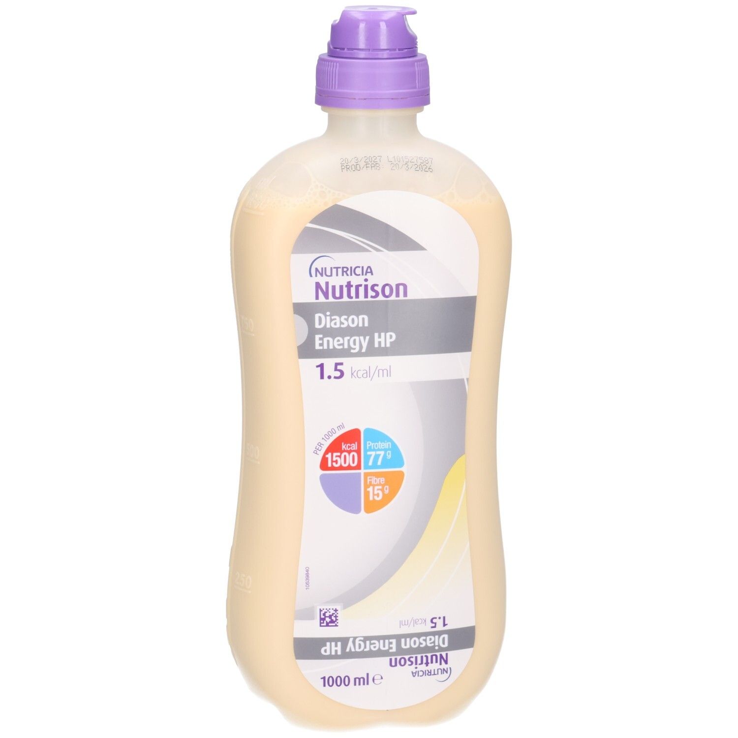 Bouteille Nutrison Diason Energy HP pour sonde, 1000 ml, avec bouchon violet.