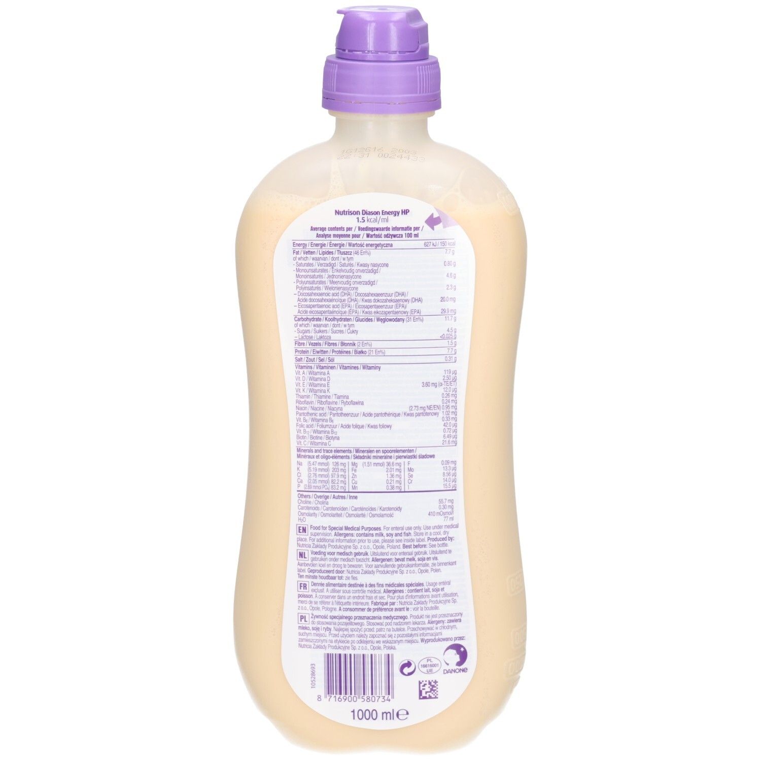 Arrière de la bouteille Nutrison Diason Energy HP pour sonde, 1000 ml, avec informations nutritionnelles.